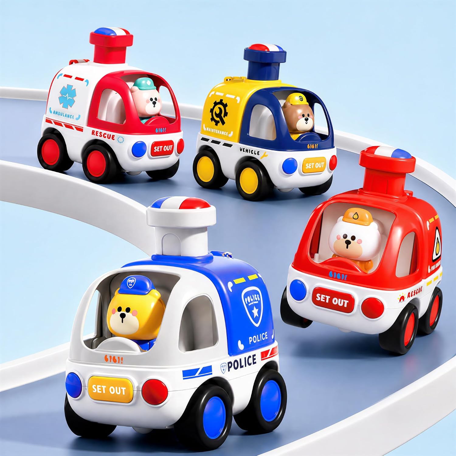 iPlay, iLearn Press to Go Car Toys for Toddlers 1-3, Baby Animals Racing Cars, Infant Play Service Vehicle Set, Push Go Friction Car Toy for 12-18 Month One 1 2 Year Old Boy Girl Kid 1st Birthday Gift
