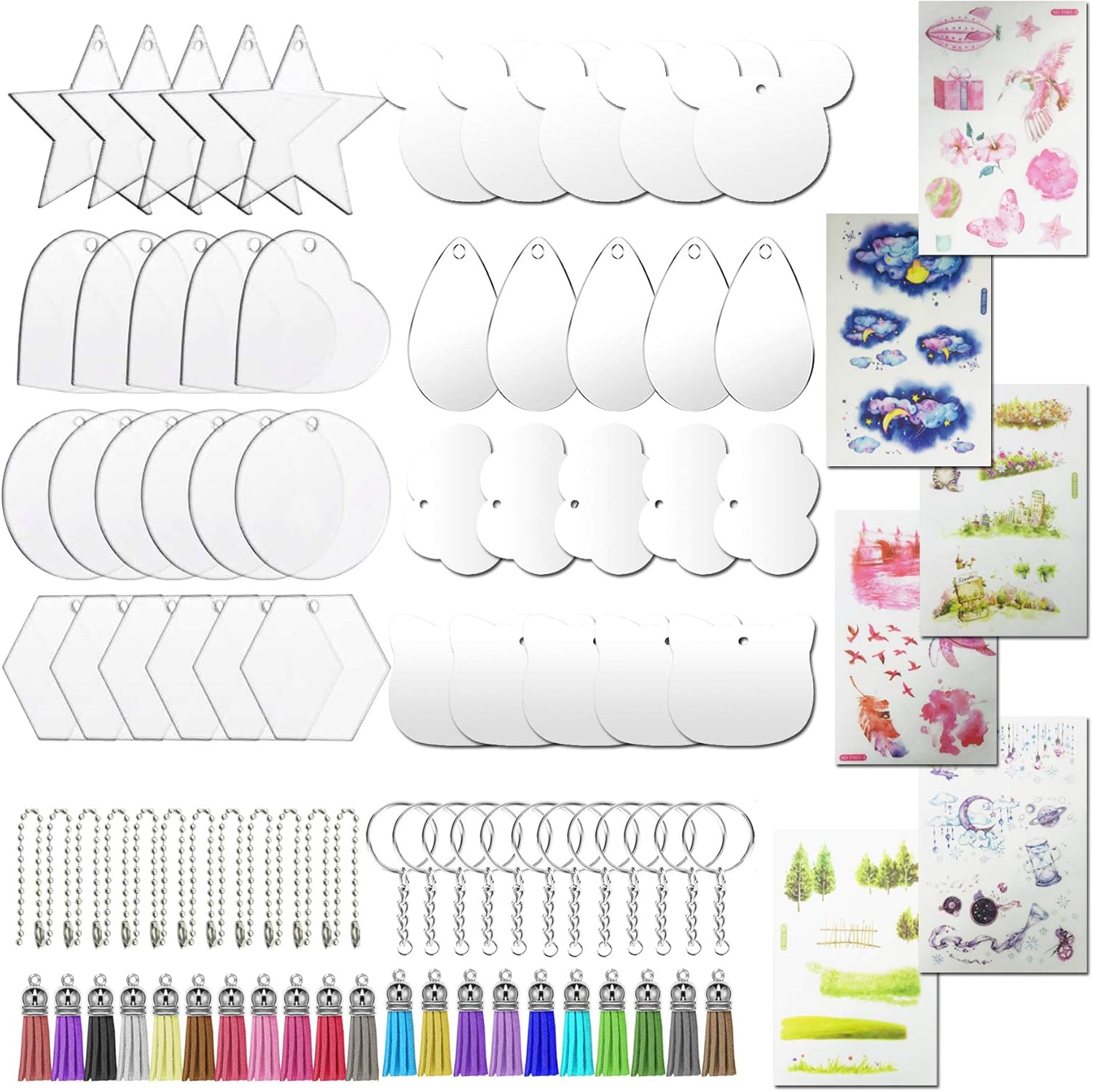 Allazone 8 Shapes Acrylic Transparent Circle Discs Set, 40 PCS Acrylic Clear Keychain Blanks, 20 Keychains, 20 Mini Tassels, 20 Ball Chain and Sticker for DIY Projects and Crafts