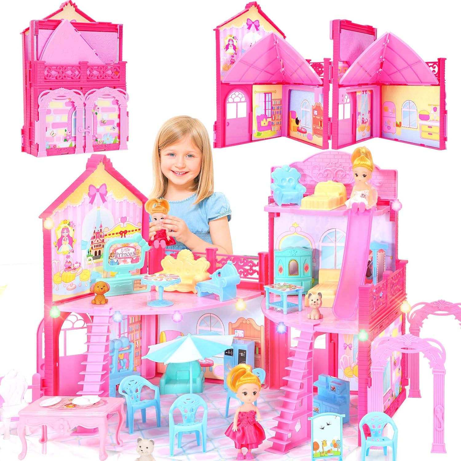 Foldable Dollhouse 2024, Dream 3-Story Princess Doll House Playset with Furniture Slide, Pink Toddler Toy House for 3 4 5 6 7 8 9 10 Year Old Girls