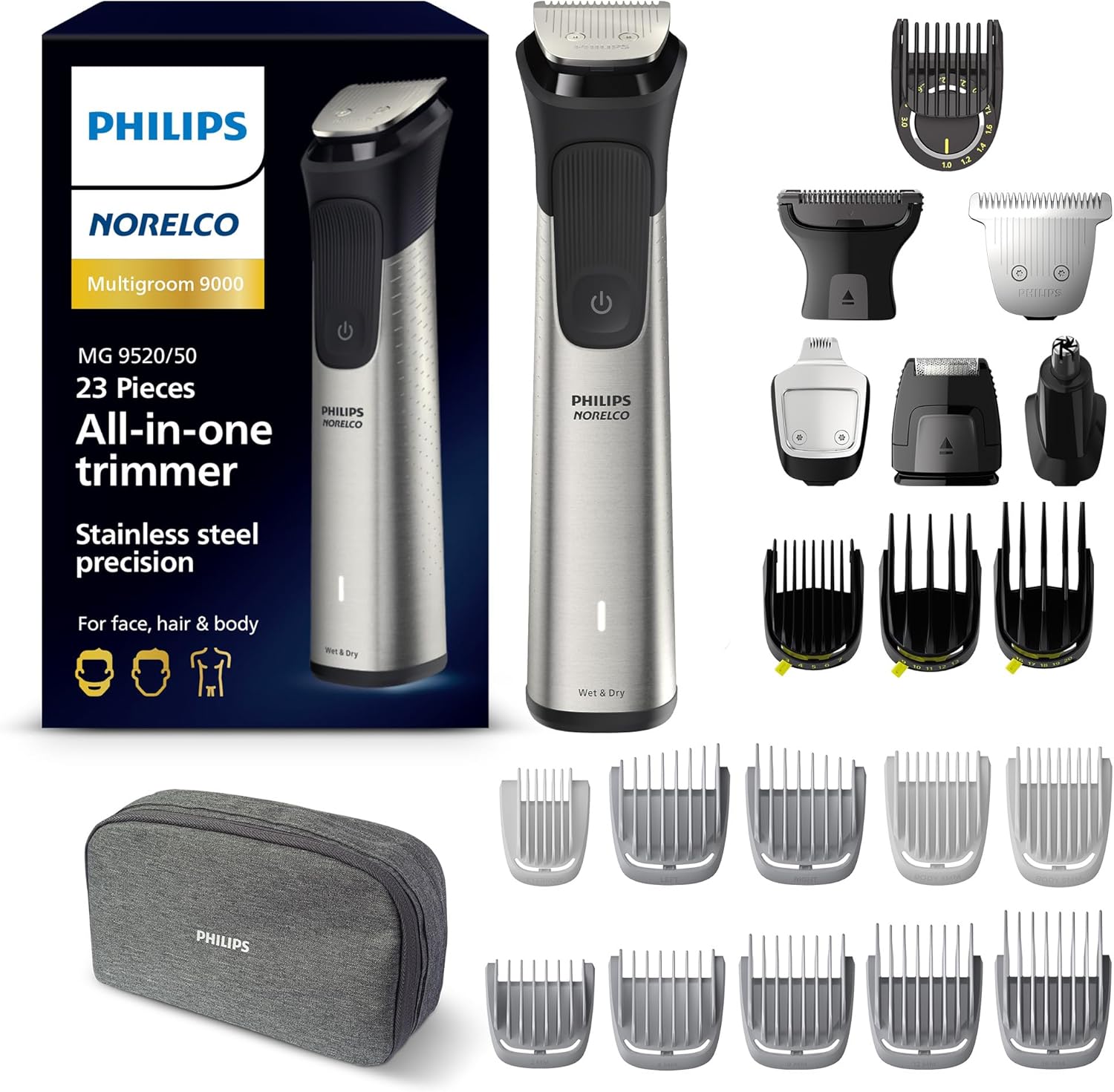 Philips Norelco Multigroom 9000 Series, All-in-One Trimmer, Beard Trimmer and Hair Clipper, 23-Piece Men's Grooming Kit for Beard, Body, Face, Nose, Ear and Intimate Areas, MG9520/50