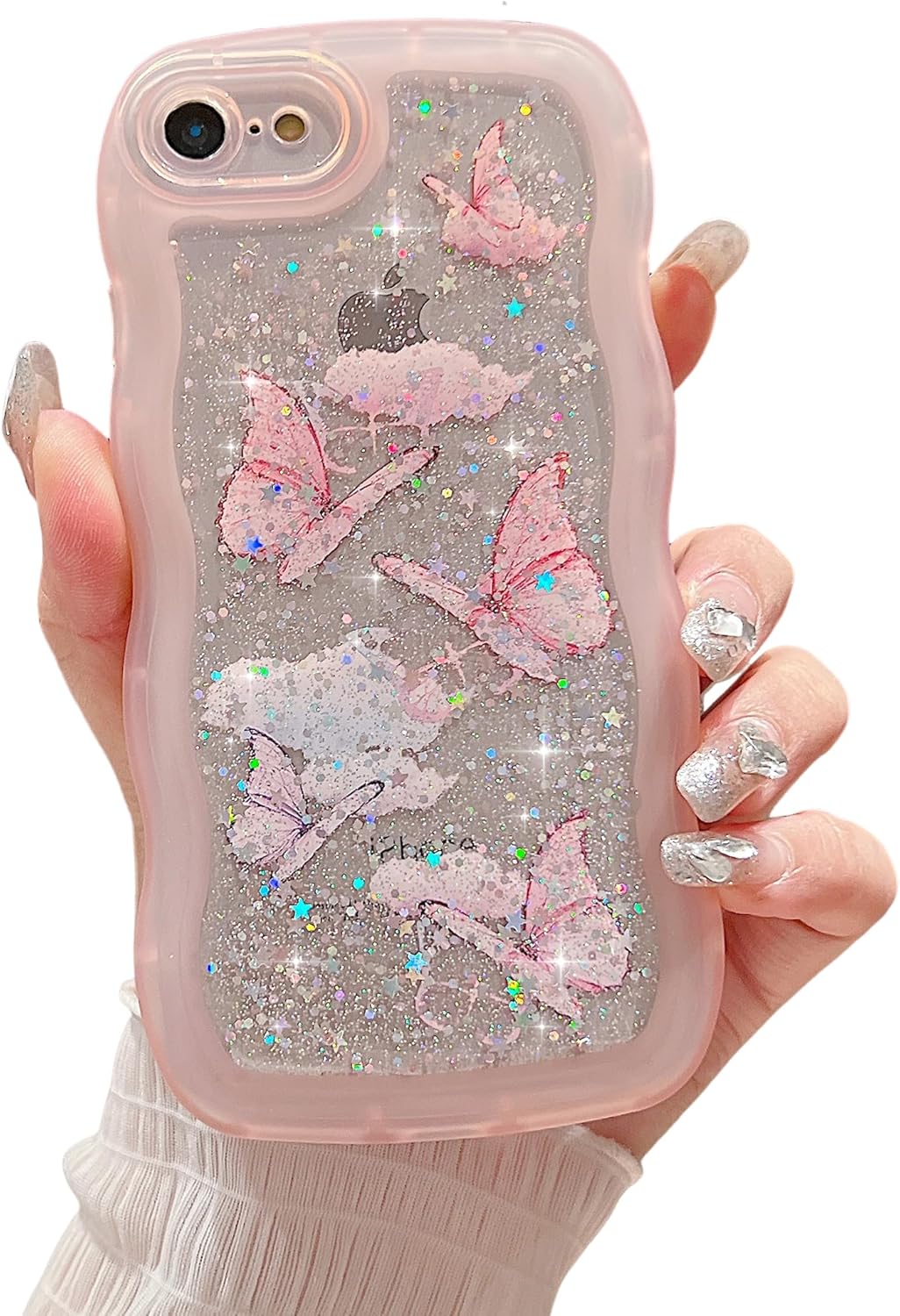 ZTUOK Compatible with iPhone 6/6S Case for Girls Women,Cute Clear Sparkly Bling Star Butterfly Pattern Curly Simple Wave Case Shockproof Protective Slim Soft TPU Glitter Cover for iPhone 6/6s-Pink