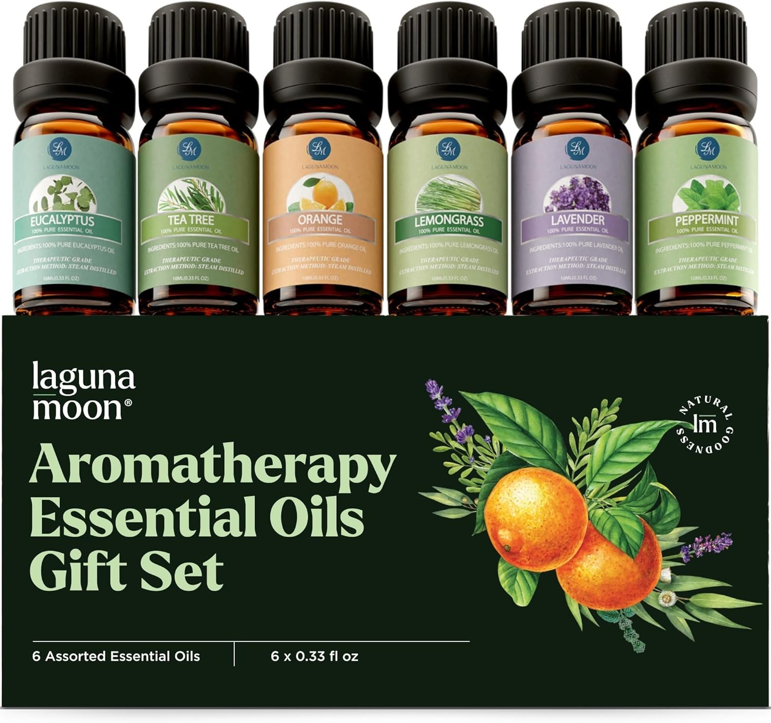 Lagunamoon Aromatherapy Essential Oils Gift Set,100% Pure Premium Therapeutic Grade Oils kit -Lavender, Tea Tree, Eucalyptus, Lemongrass, Orange, Peppermint
