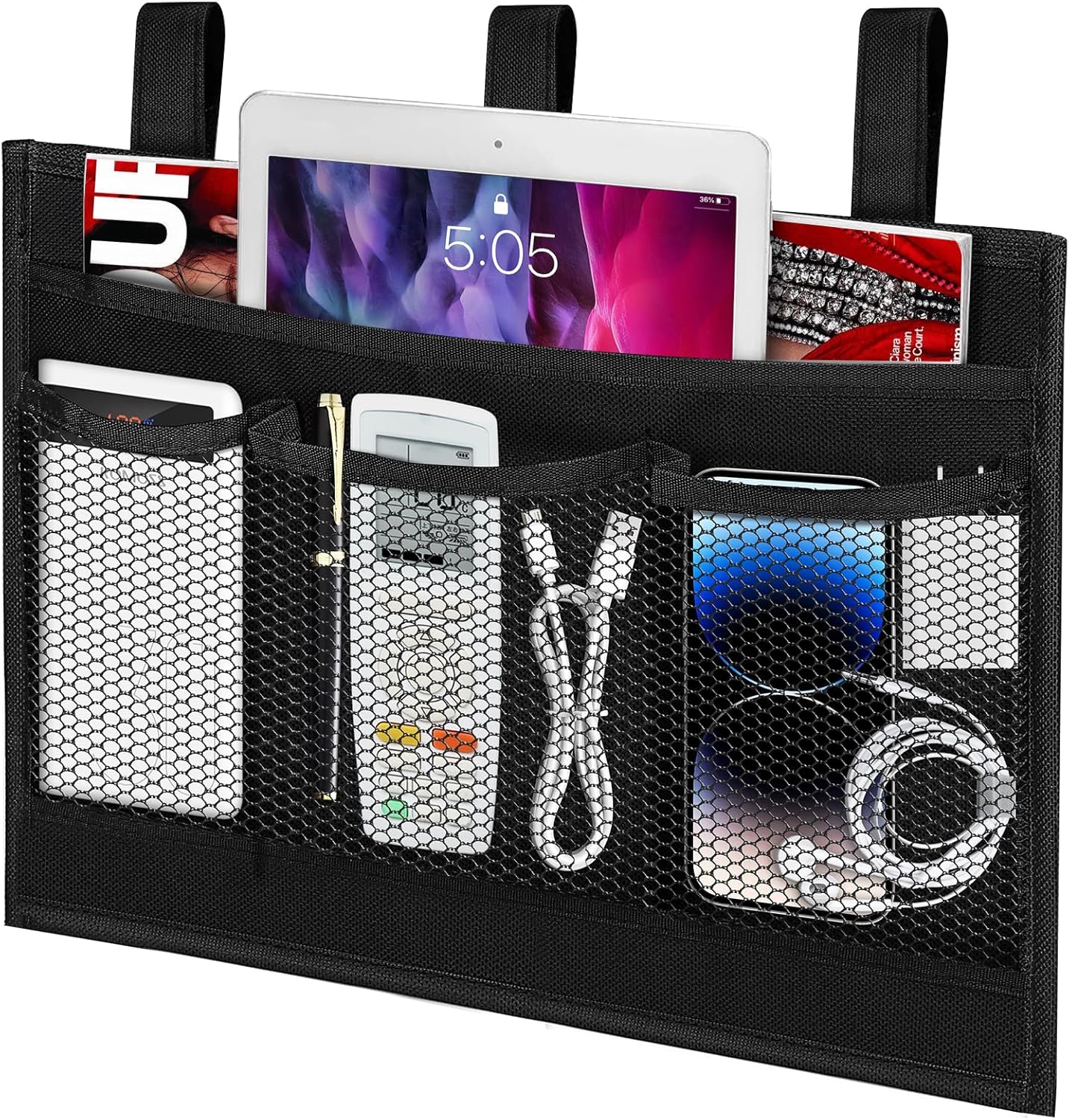 Bedside Caddy Storage Organizer, Hanging Storage Bag Pocket for Bunk/Hospital Beds,College Dorm Organizer for Remotes Phone,College Dorm,Camp,Baby Bed Rails(4 Pockets),Black