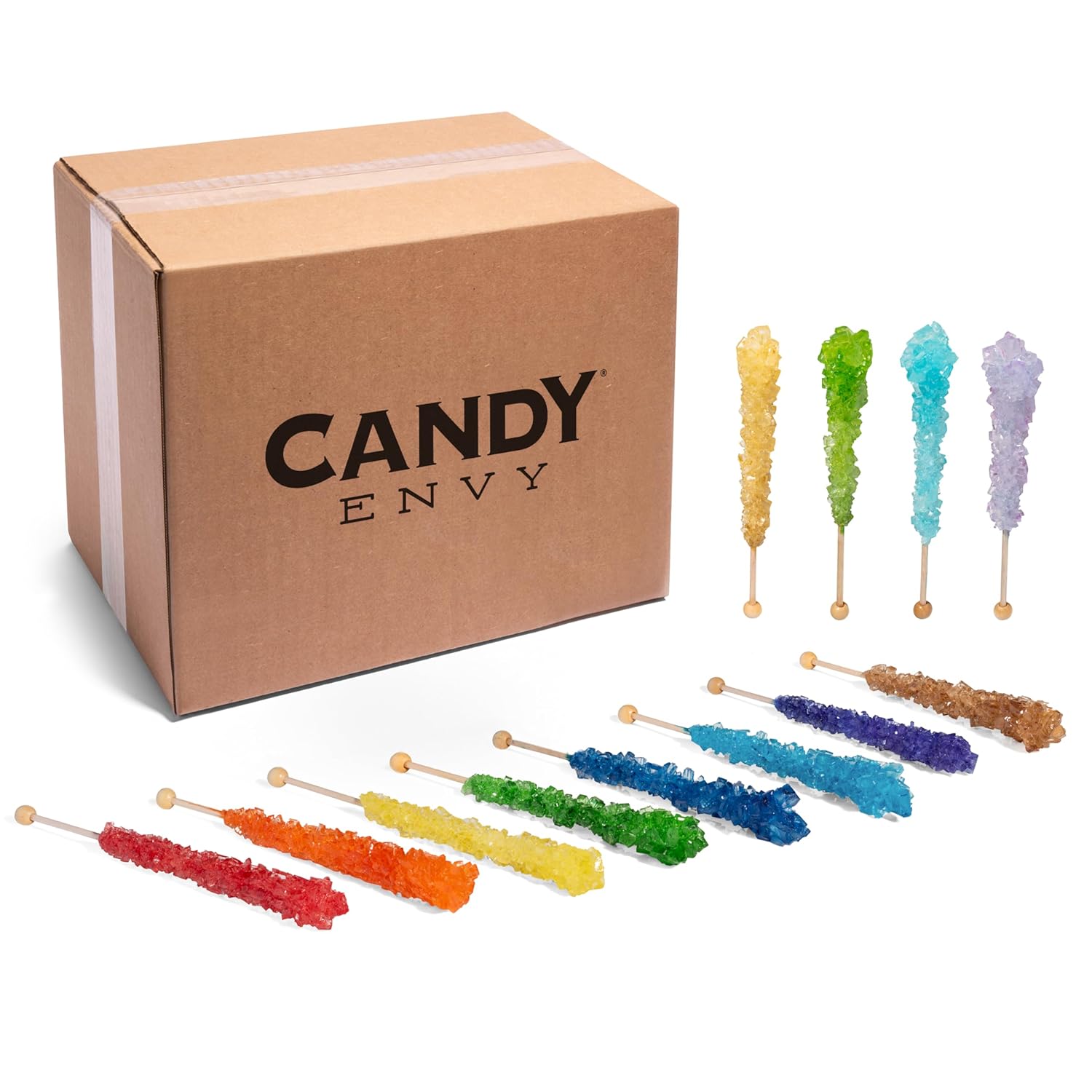 Candy Envy - Assorted Rock Candy Sugar Sticks - 144 Individually Wrapped Treats - Assorted Colors & Flavors