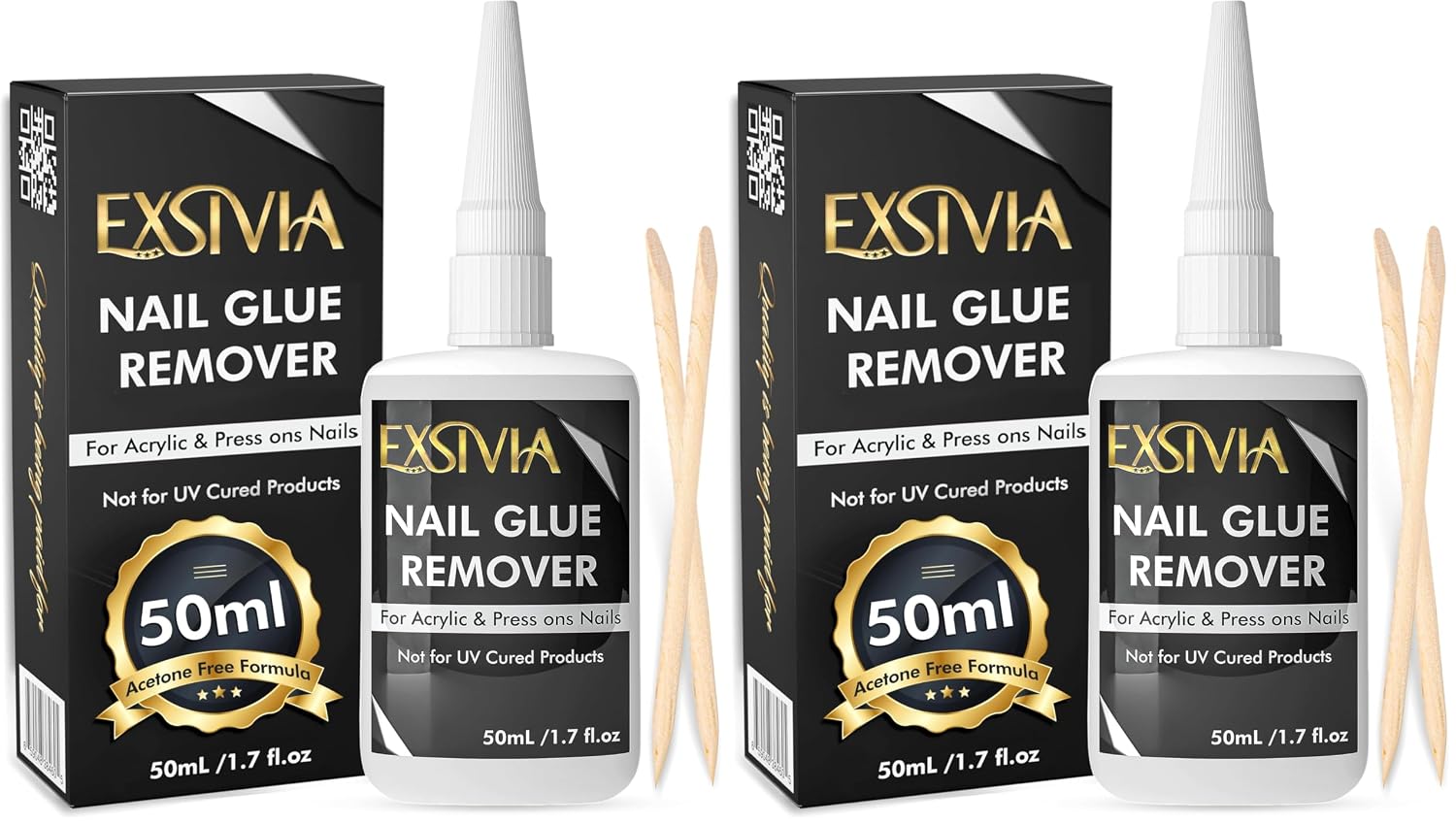 Nail Glue Remover for Press On & Glue On Nails (50mL) Non-Acetone Gentle Low Odor Debonder Serum, Exsivia False Nail Remover for Fake Tips, Fast Removal (Pack of 2)
