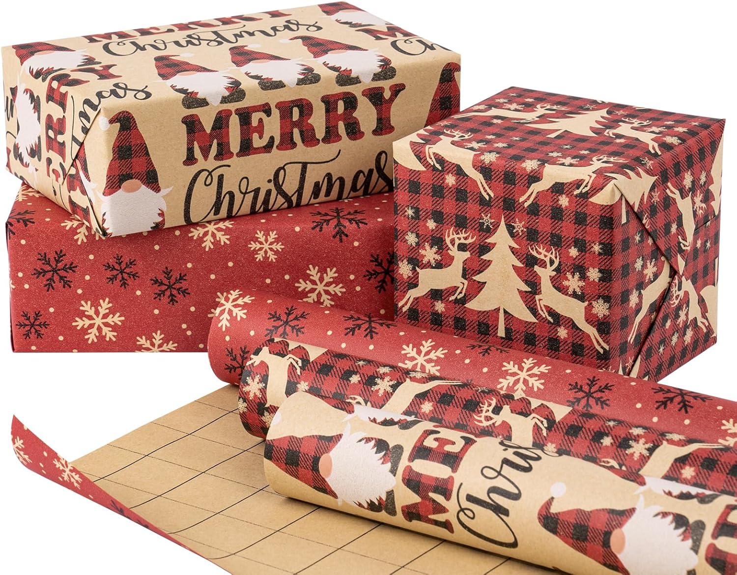 RUSPEPA Christmas Wrapping Paper Rolls - 17 inches x 10 feet per Roll, Total of 3 Rolls - Santa Claus, Reindeer and Snowflake