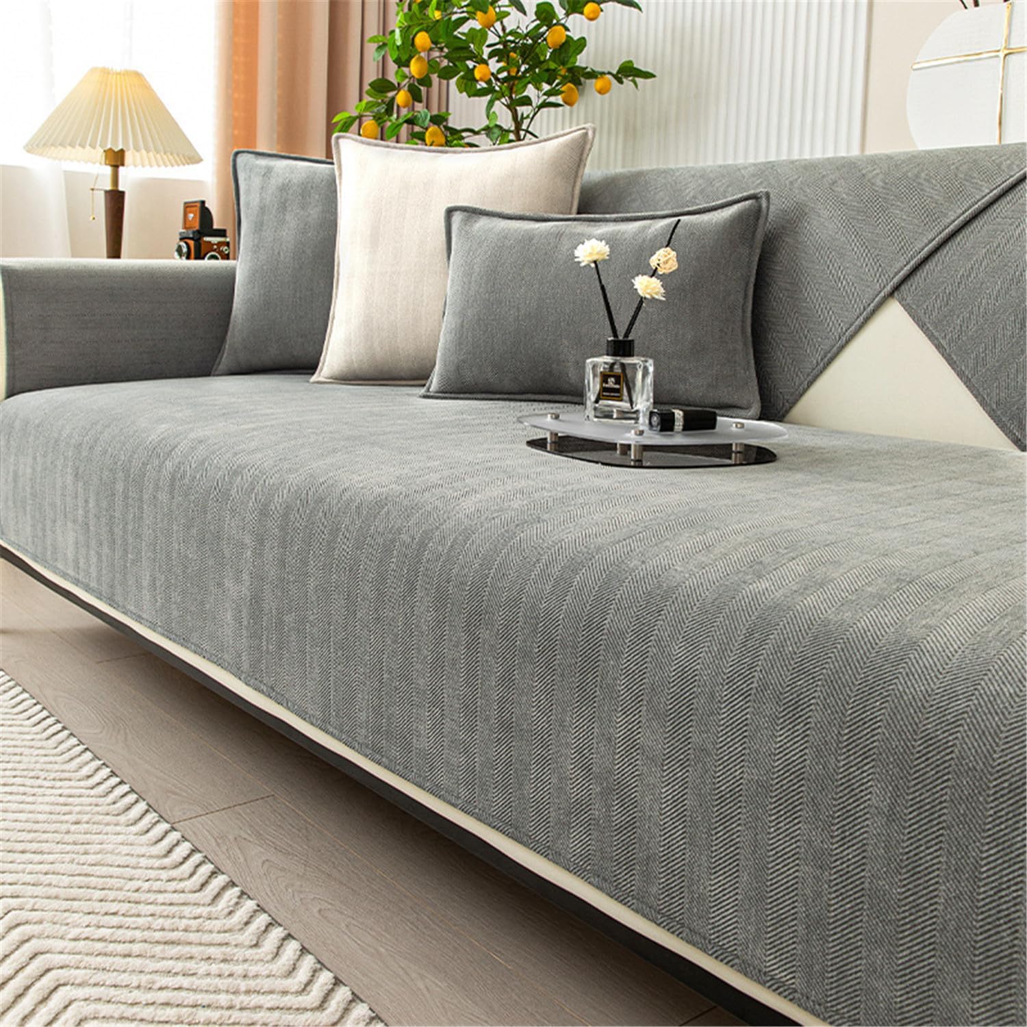 Herringbone Chenille Fabric Furniture Protector Sofa Cover 1 2 3 Seater, Non-Slip Sofa Slipcovers for Corner L Shape, Thick Textured Sofa Cushion Covers Furniture Protector (Grey,70x70cm)