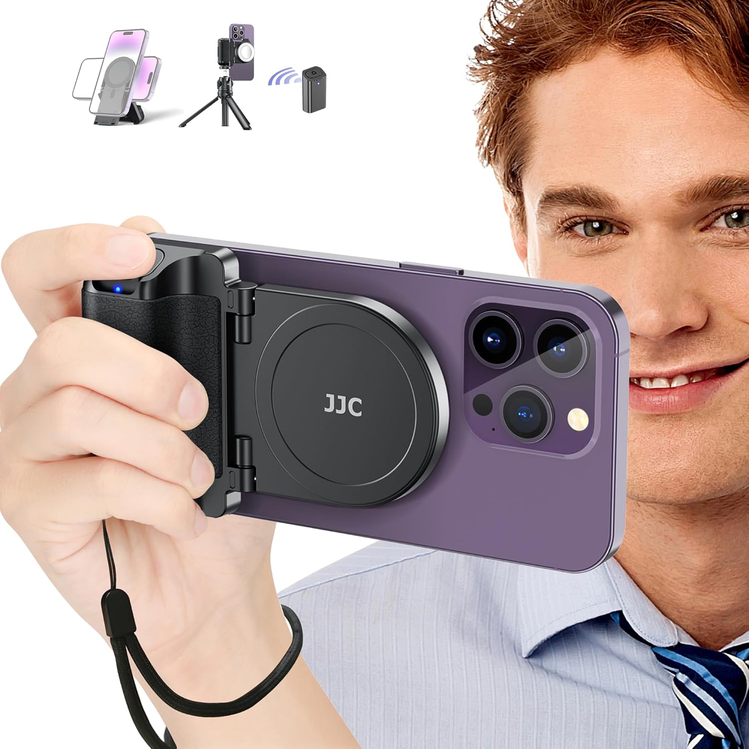 Black Magnetic Smartphone Grip, Magnetic Camera Handle Bluetooth Bracket Cell Phone Shutter Grip w Bluetooth Control Compatible for iPhone Video Shooting