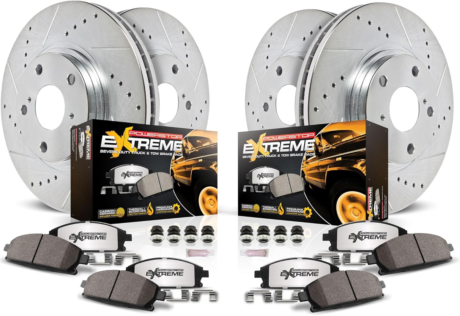 Power Stop Brake Kit For 2007-2021 Toyota Tundra, 2008-2020 Sequoia, 2016-2021 Land Cruiser, 2016-2021 Lexus LX570 - Front and Rear Drilled and Slotted Rotors & Brake Pads Replacement, K2813-36