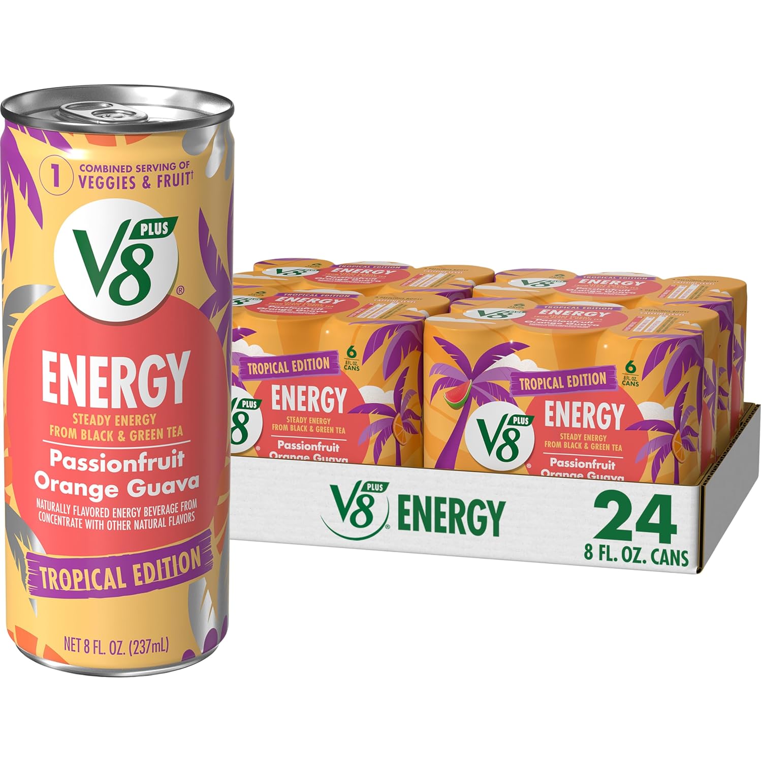 V8 +Energy Passionfruit Orange Guava Juice Energy Drink, 8 fl oz Can (6 Pack) (Case of 4)
