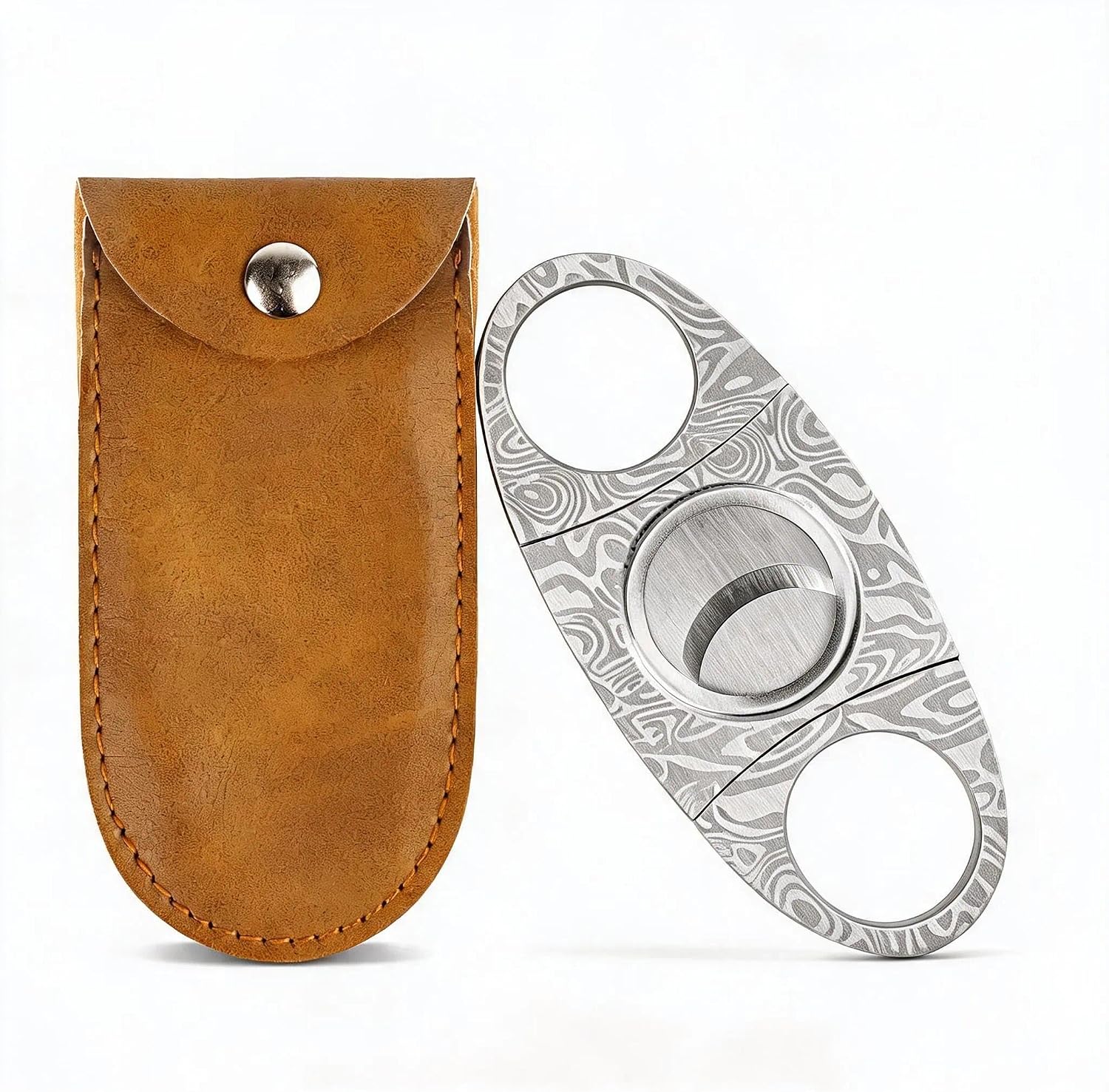 Damascus Stainless Steel Double Blade Cigar Cutter with Storage Pouch for Most Cigar Sizes