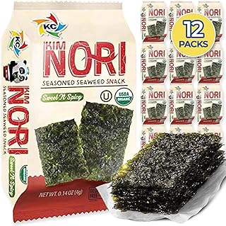 KIMNORI Seasoned Seaweed Snacks Sheets – Organic Sweet 'N Spicy Flavor 12 Individual Packs Roasted Crispy Premium 100% Natural Laver Kim Nori 4g 0.14 Ounce 김 のり 海苔 紫菜