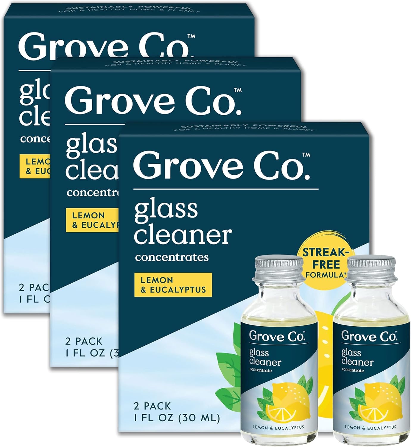 Grove Co. Glass Cleaner, Refill Concentrate (6 x 1 Fl Oz) Streak Free, Plant-Based Household Cleaning Supplies, No Plastic Waste, 100% Natural Lemon & Eucalyptus Fragrance, 3 x 2 Pack Refills