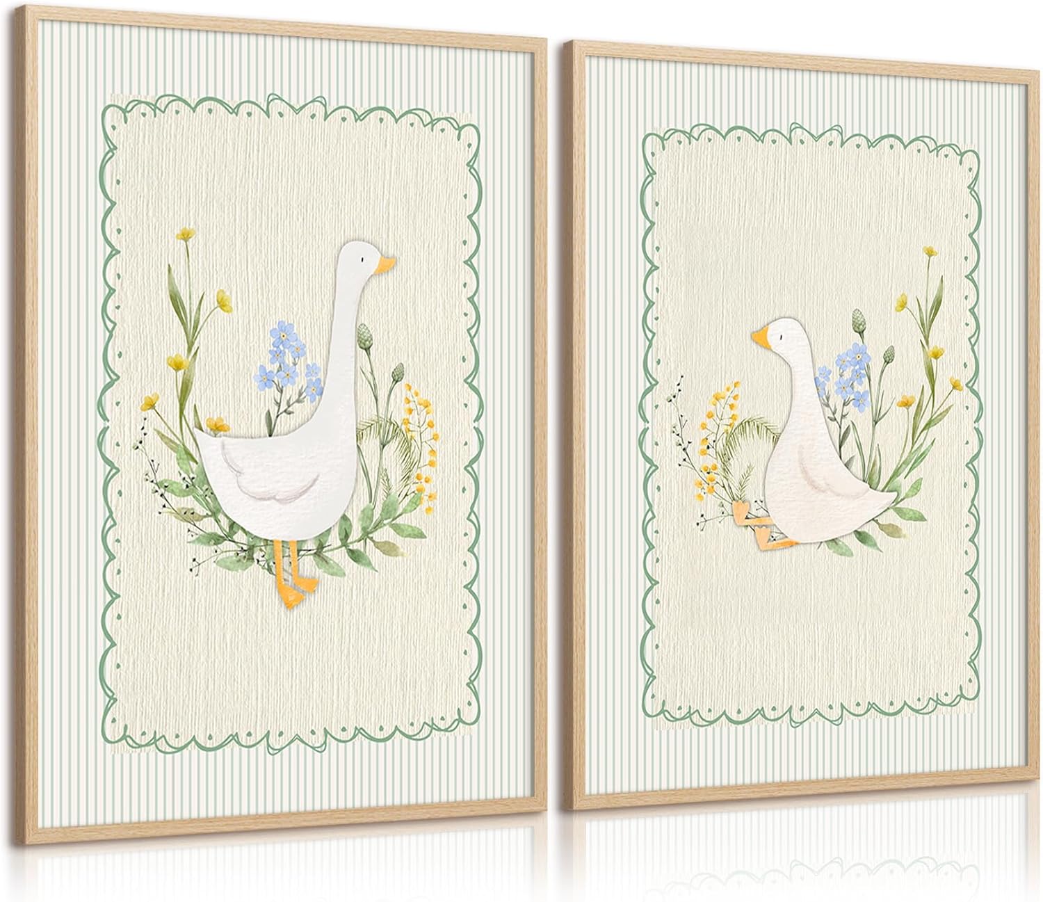 Vintage Nursery Goose Wall Art Decor Baby Girl Room Canvas Poster Sage Green Nursery Art Prints Silly Goose Wall Decor Sweet Floral Painting Boys Animal Pictures for Bedroom 16x24 Inch Unframed 2pcs