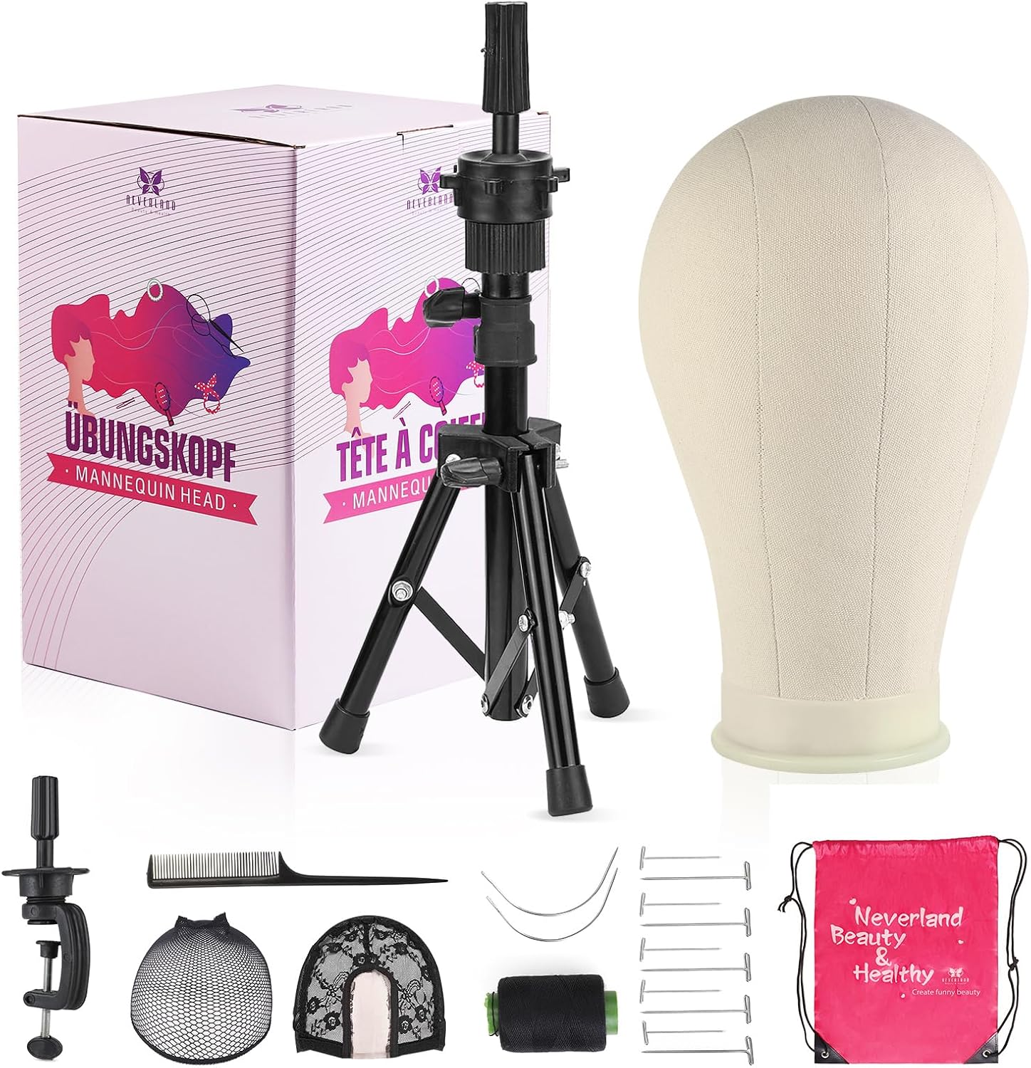 Neverland 22 Inch Canvas Wig Head Stand Tripod, Mannequin Block Set with T