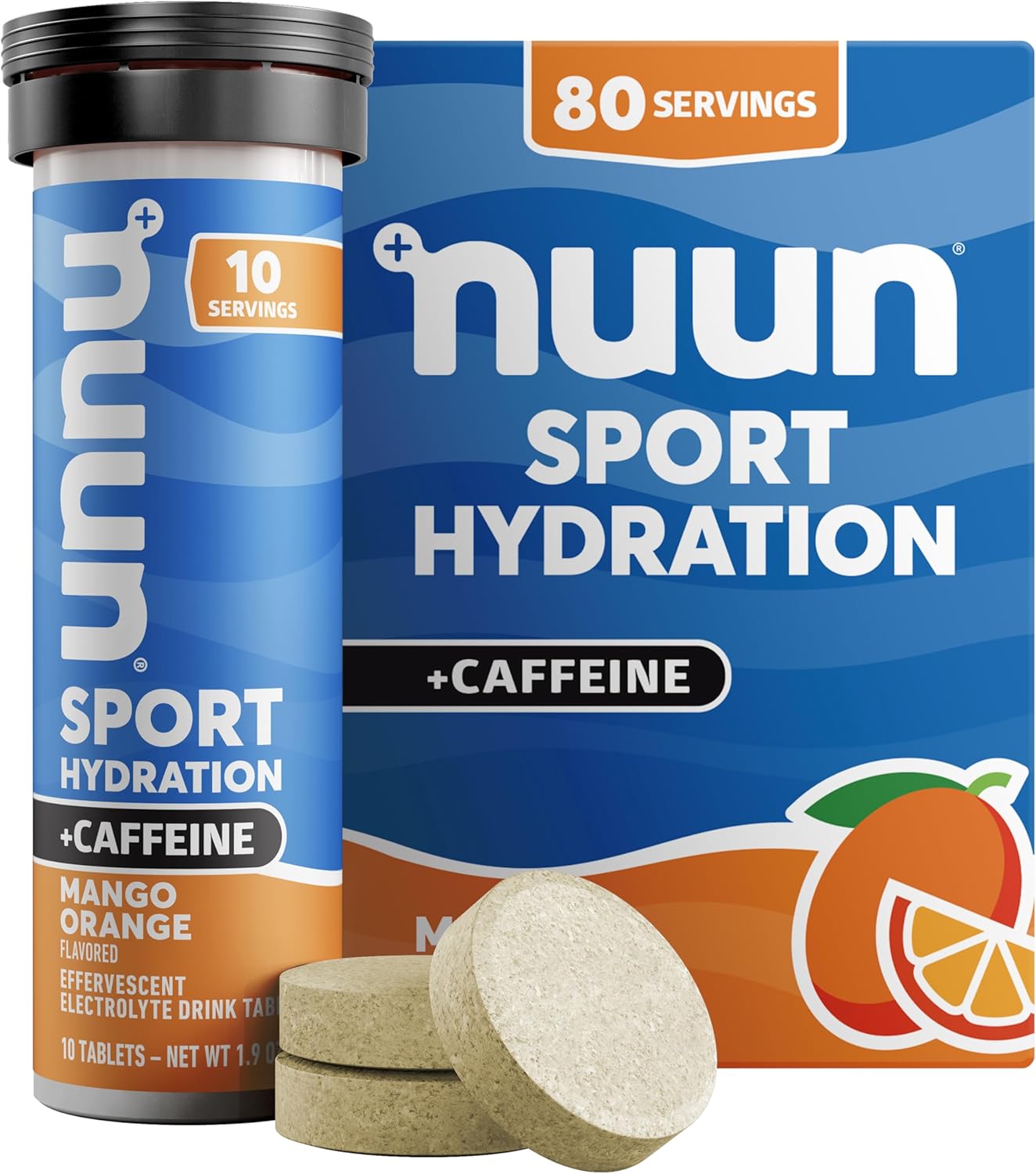 Nuun Sport Electrolyte Tablets with Caffeine from Green Tea Extract, Magnesium, Calcium, Potassium, Chloride & Sodium, Gluten Free & Vegan, Mango Orange, 8 Pack (80 Servings Total)