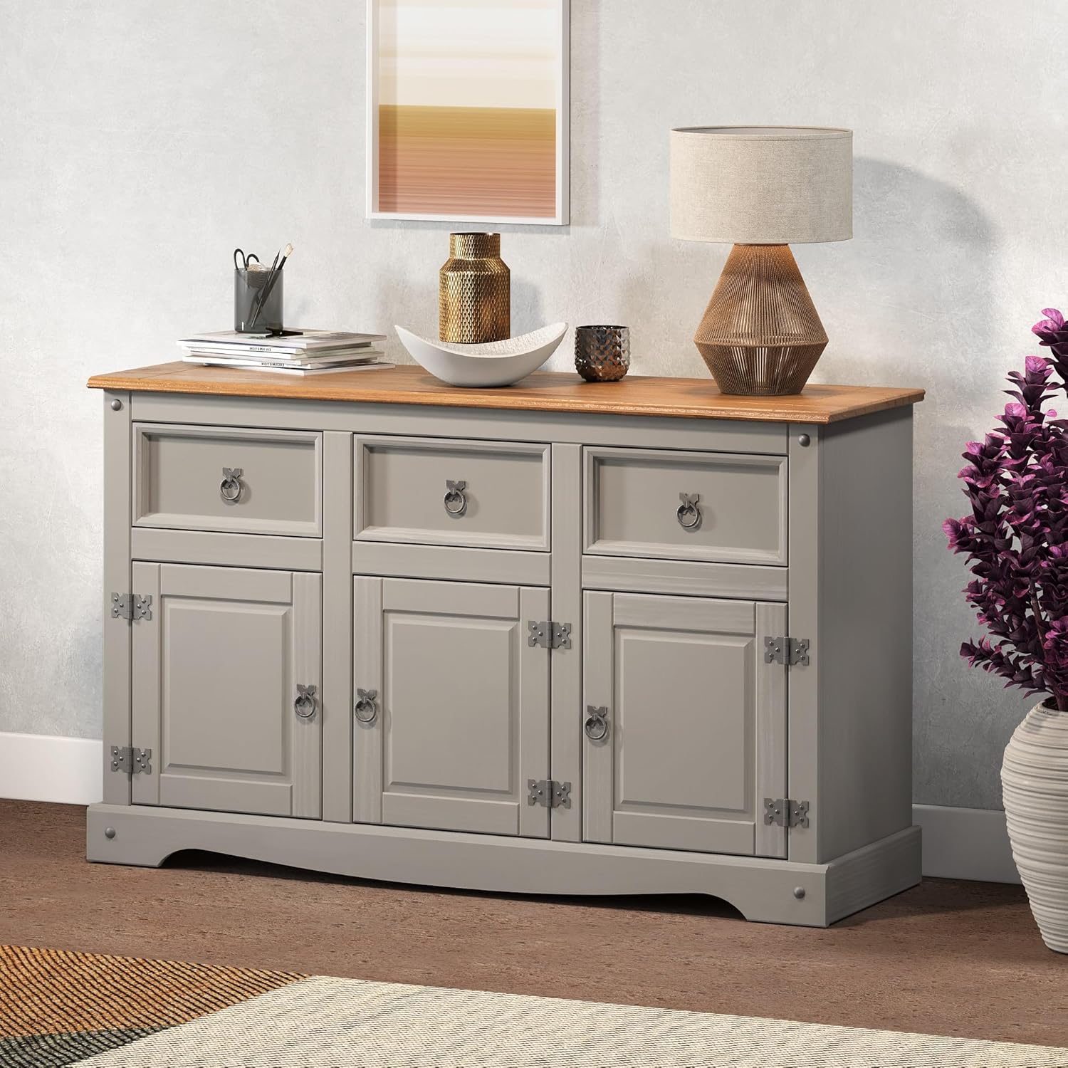 Corona Sideboard Grey 3 Door 3 Drawer Solid Pine Wax Living Room