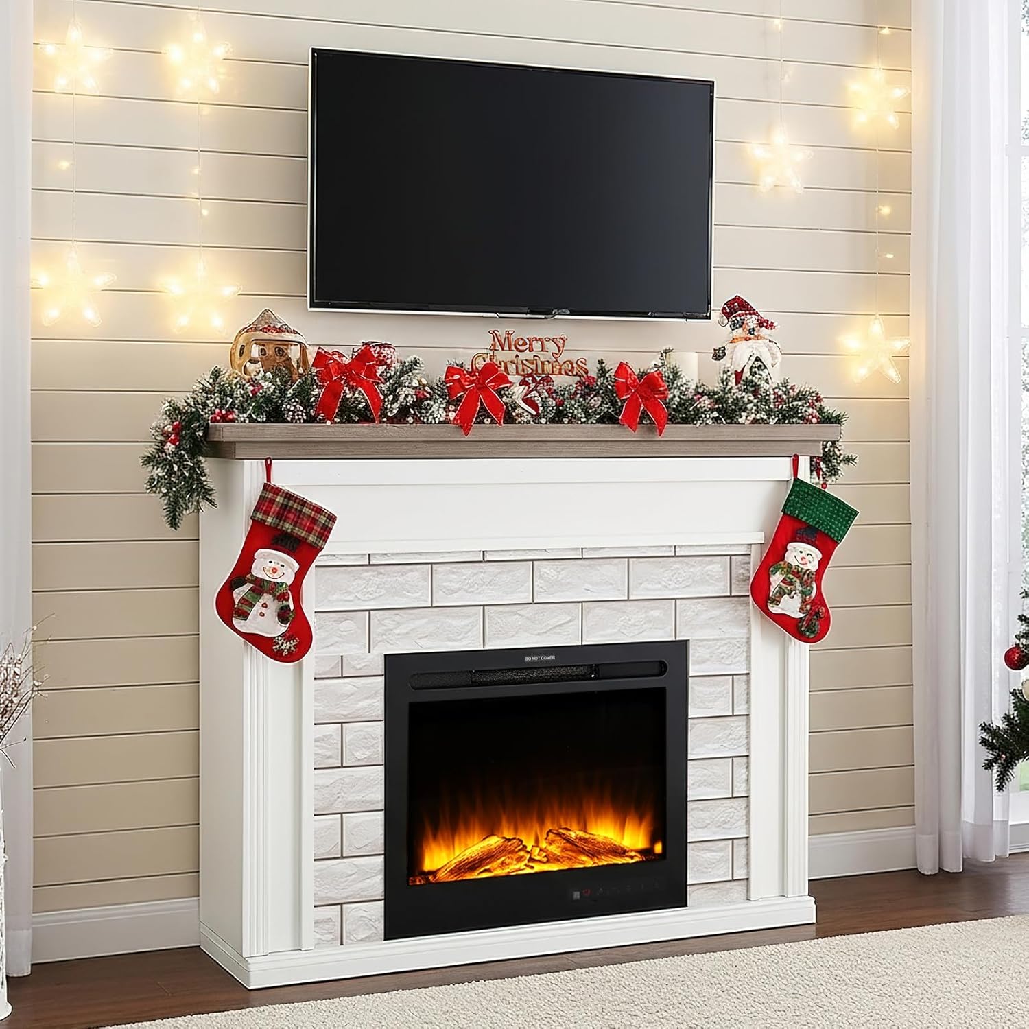 47" Flip Top Electric Fireplace with Mantel, TV Stand with Tall Electric Fireplace Heater Freestanding, Remote Control, 3D Realistic Flame, Adjustable Flame Level for Living Room, Bedroom, White