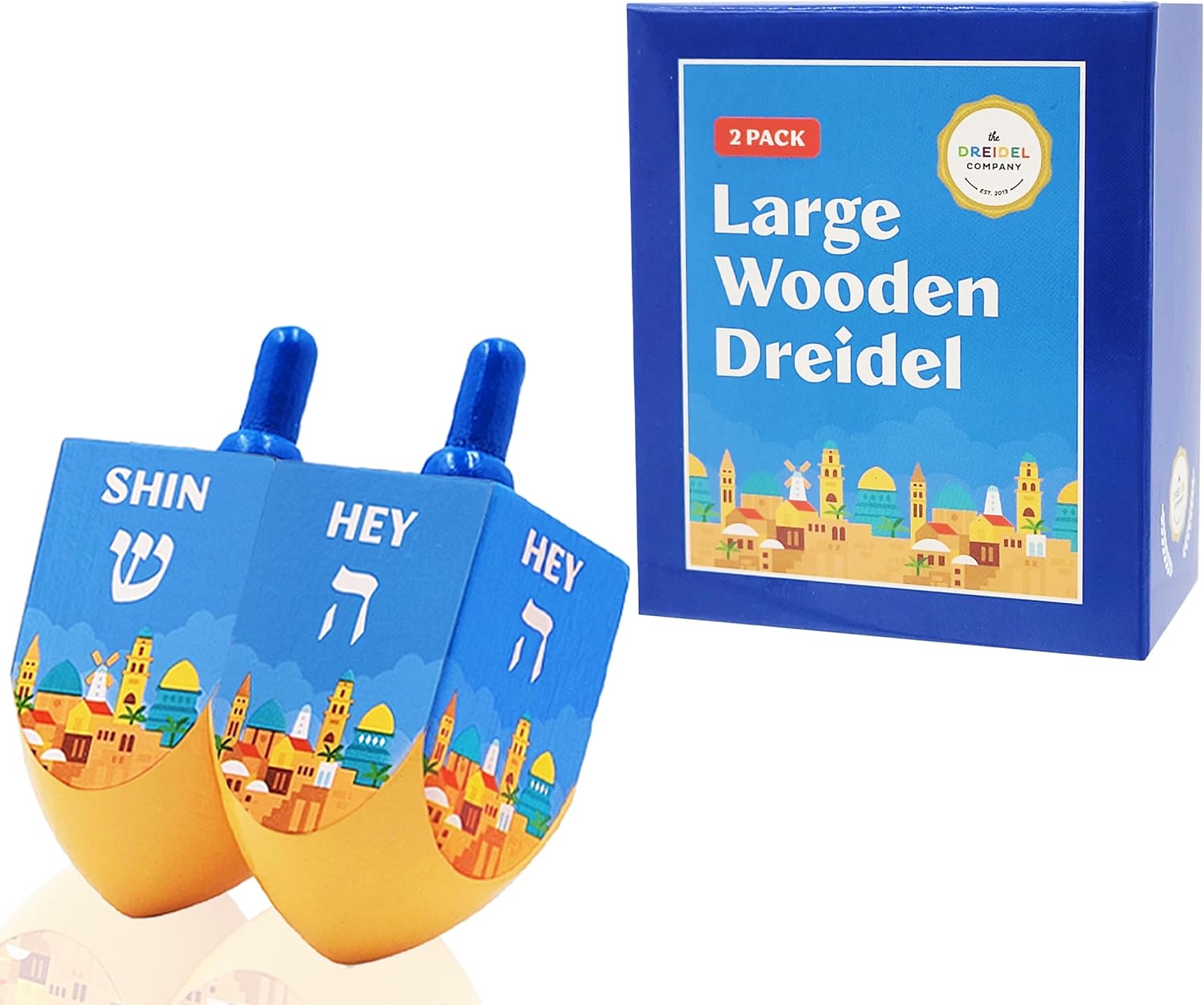 The Dreidel Company Extra Large Jerusalem Wood Dreidels, Let's Play Dreidel The Hanukkah Game, Instructions Included (2-Pack)