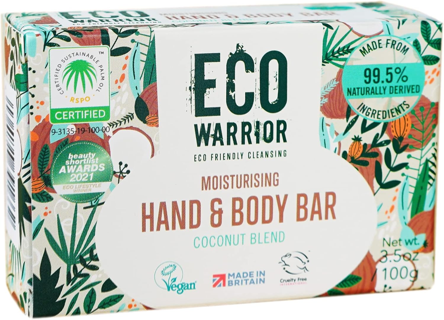 Eco Warrior Moisturising Body & Hand Soap Bar | Vegan, Natural, Cruelty Free, Eco Friendly, Plant Based | No SLS or Parabens | Richly Nourishing Coconut Blend made from Vanilla Essential Oils | 100g