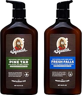 Dr. Squatch Men's Natural Lotion Non-Greasy Men's Lotion - 24-hour moisturization hand and body lotion - Made with Shea Butter, Coconut Oil, and Vitamin E - Pine Tar and Fresh Falls (2 Pack)