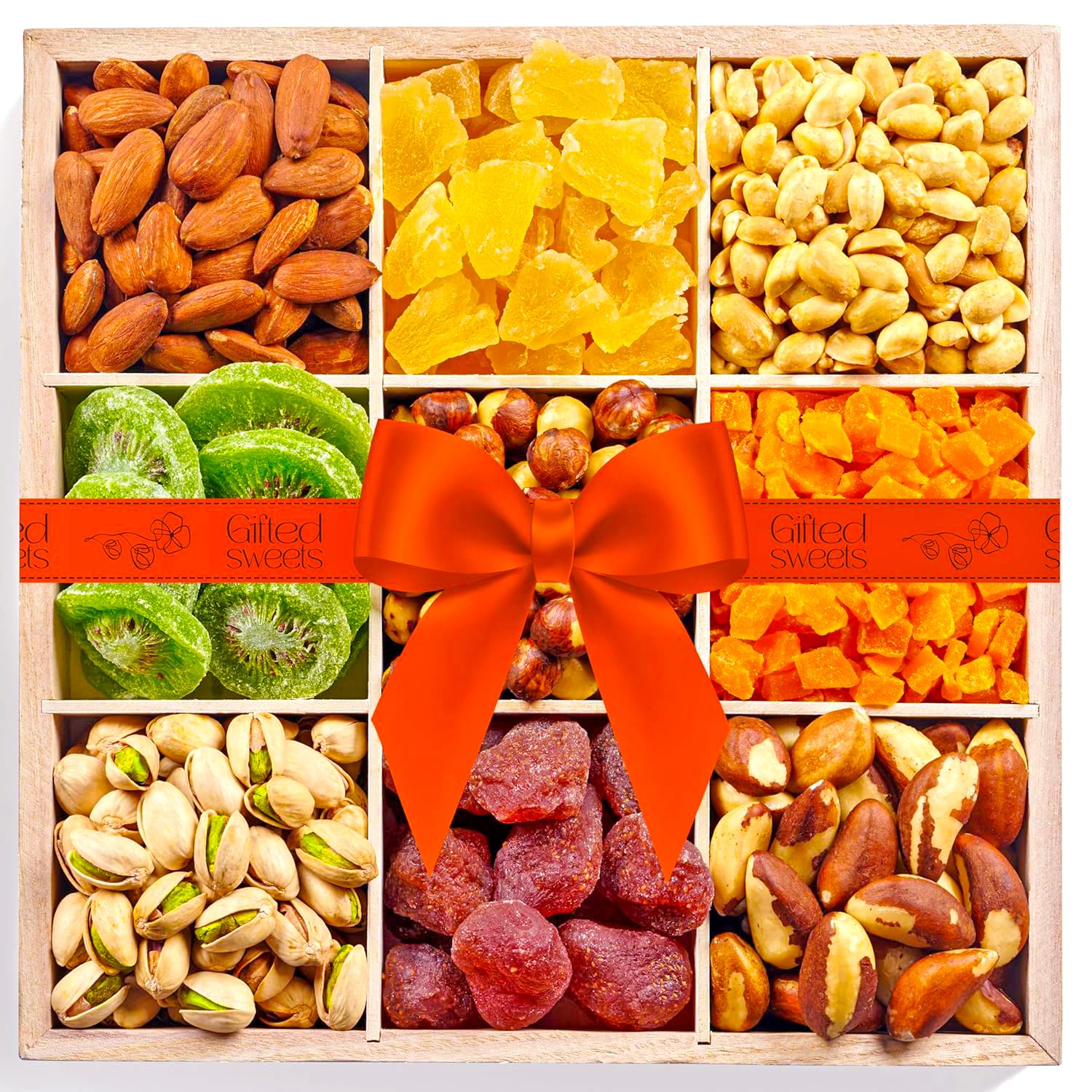 Nuts and Dried Fruit Platter - 9 Variety Mix - Classy Gift Basket - Gourmet Food for Birthday, Sympathy, Get Well, Anniversary, Corporate, Care Package - Reusable Wooden Tray