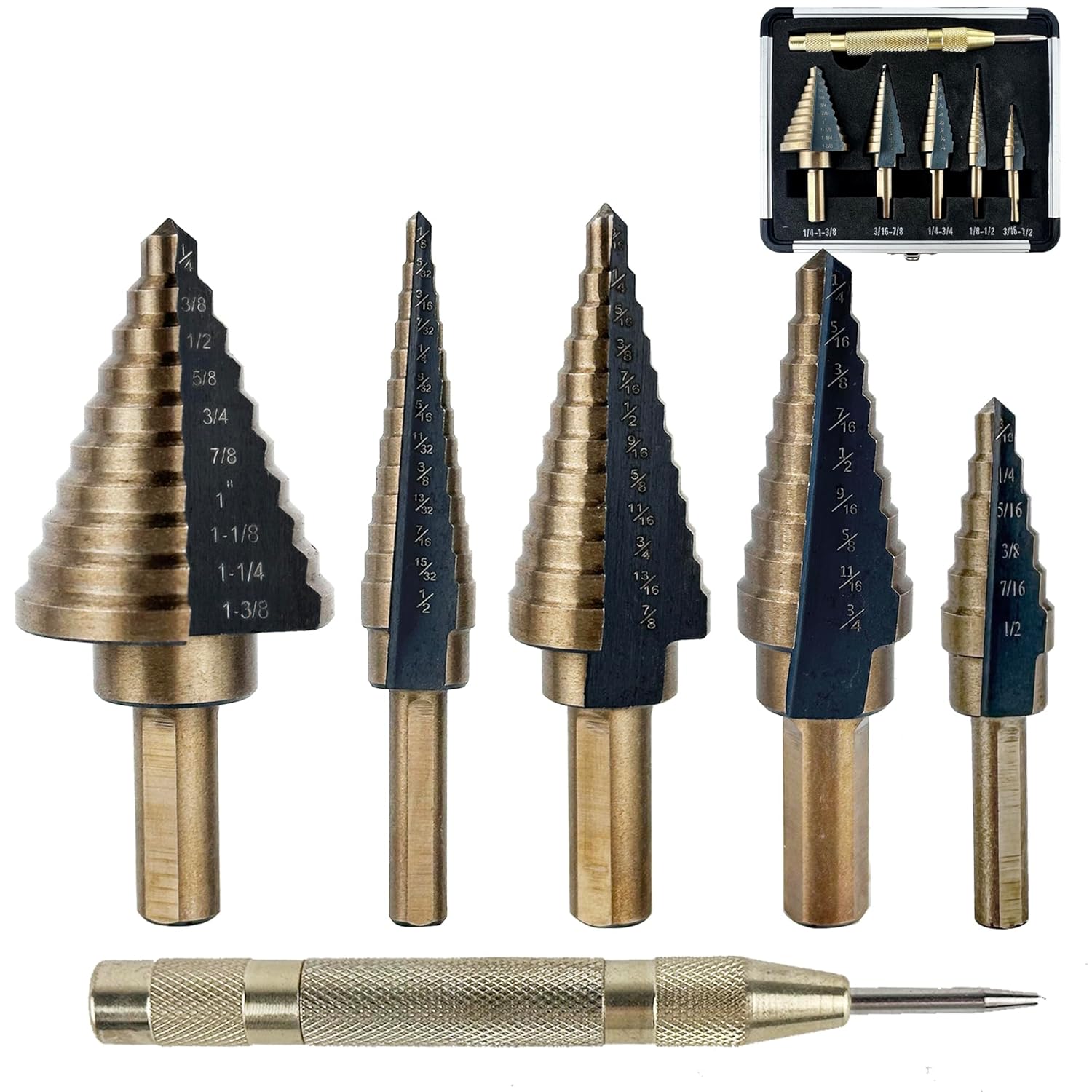 6pcs Step Drill Bits for Metal, Step Drill Bit Set 50 Sizes Tri-Flat Shank HSS Titanium-Coated with Center Punch for Aluminum, Wood, Plastic, with Aluminum Case, from Pro-Edge Technology