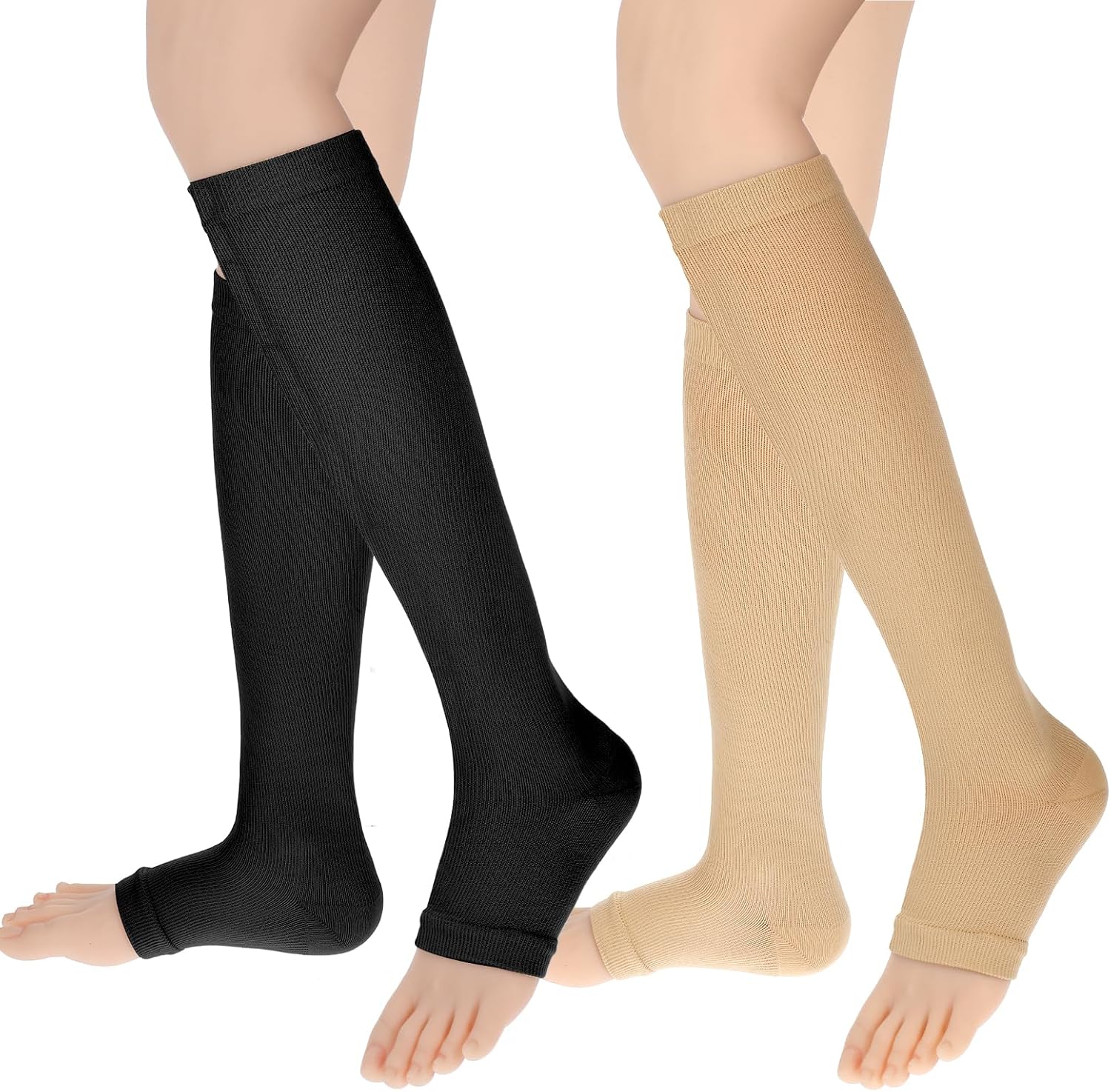 Open Toe Compression Socks for Women & Men, 2 Pairs Toeless Compression Socks 15-20 mmHg Knee High Stockings for Circulation Support, Medium, Beige/Black
