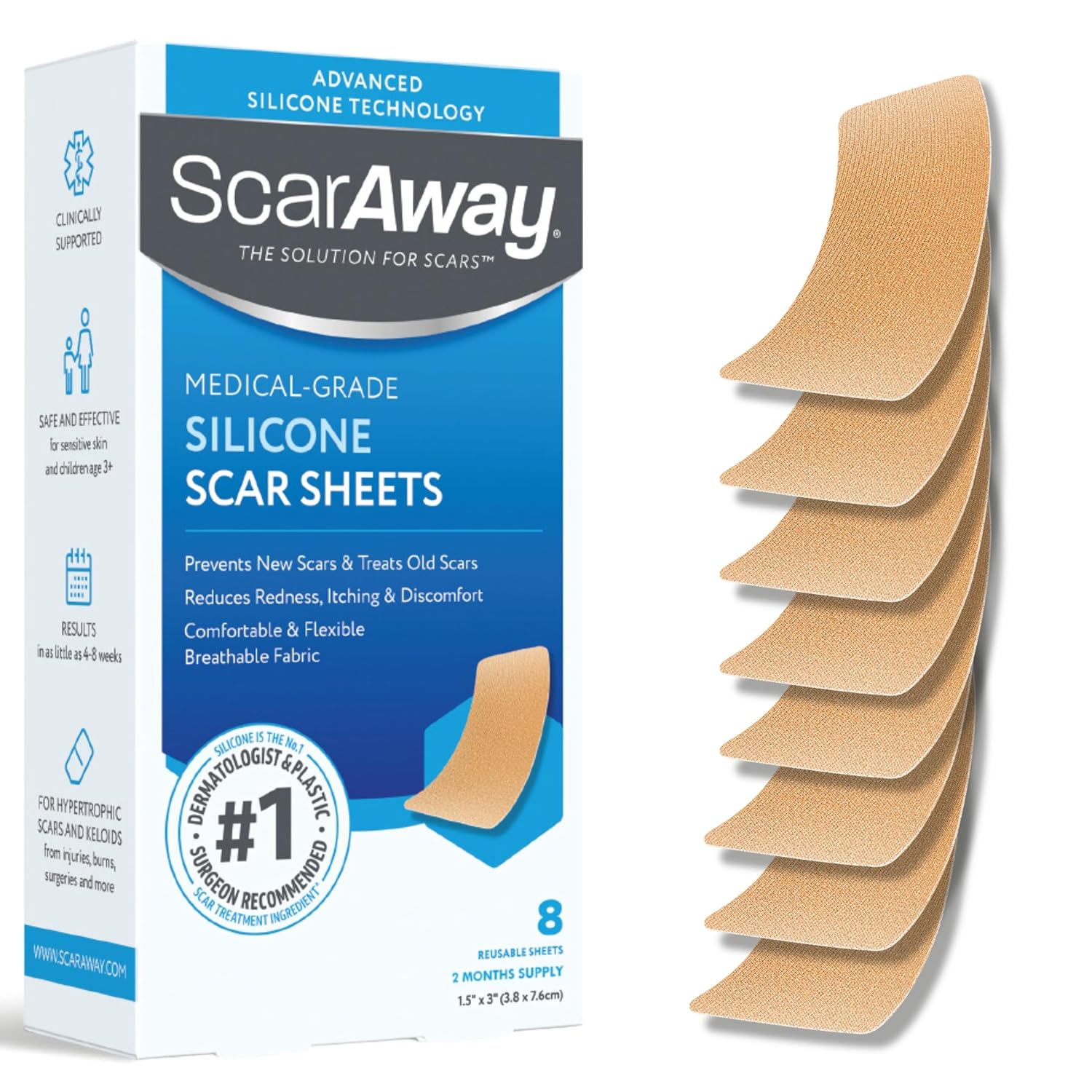 ScarAway Scar Fabric Sheets, Medical Grade Silicone, 1.5x3in, 8 Ct