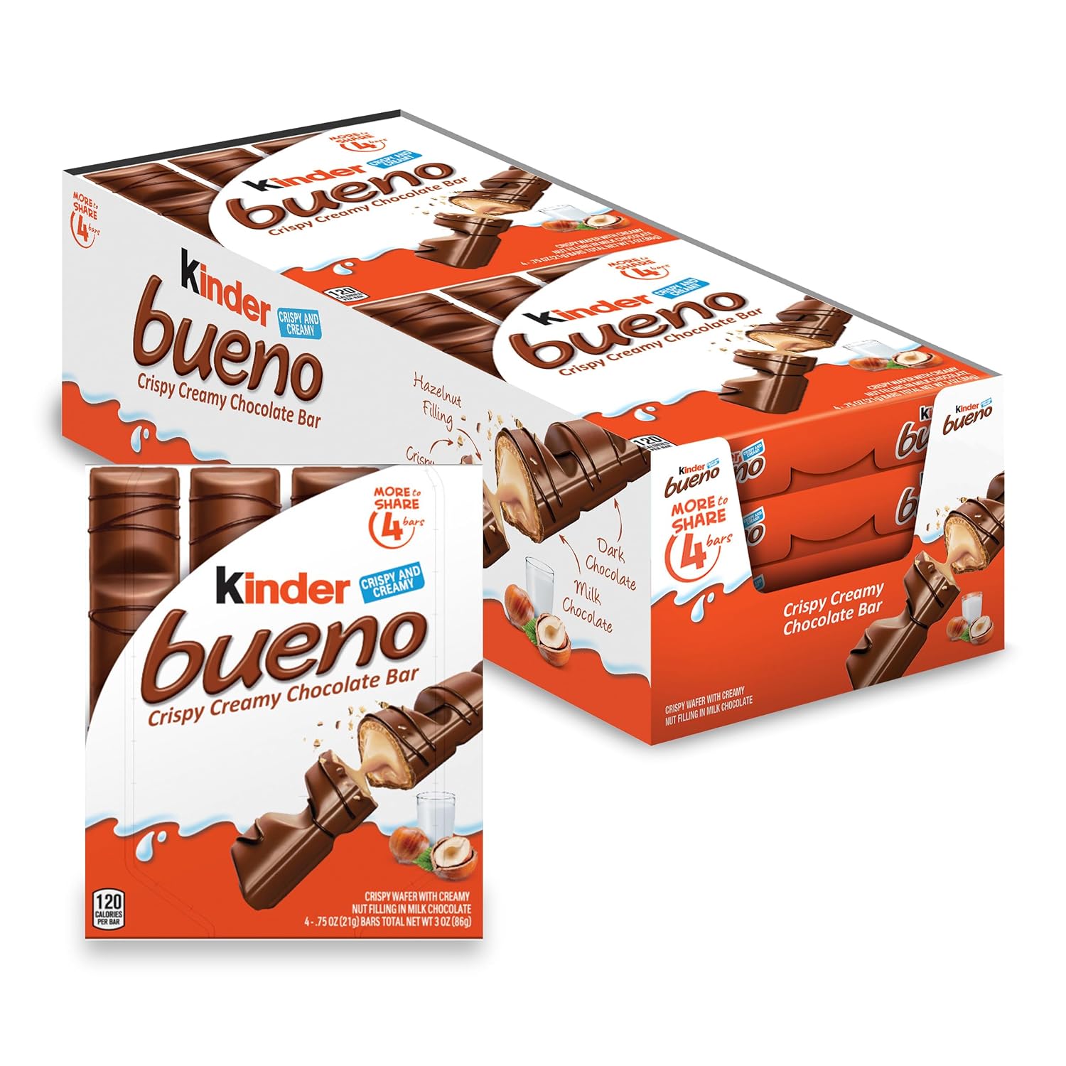 Kinder Bueno Milk Chocolate Bars, Crispy Wafer Hazelnut Cream Snacks, 8 Ct