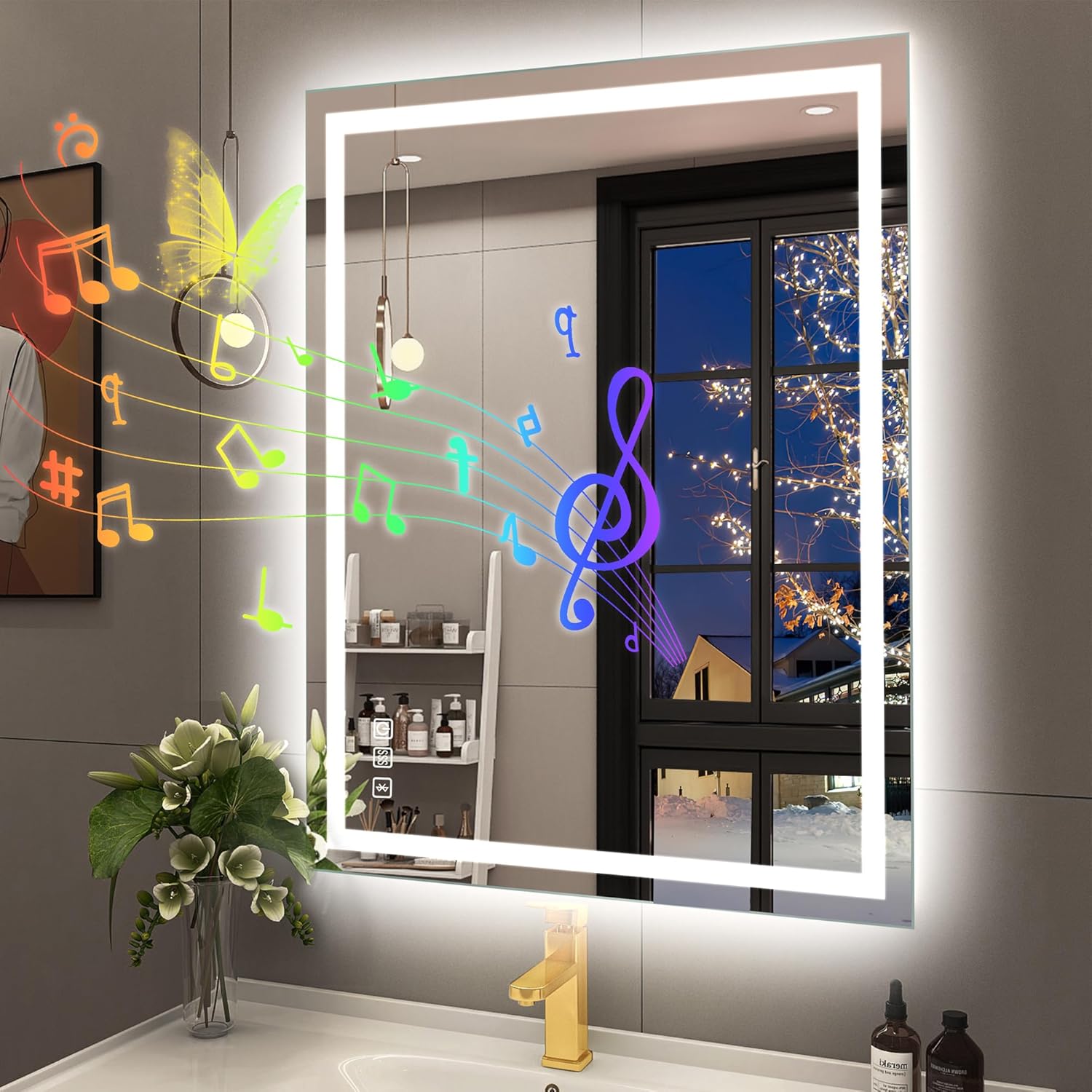 Led-Bathroom-Mirror-with-Lights, 28"x36" Wall-Mounted with 3 Colors Dimmable Light, Bluetooth Speaker, Anti-Fog, Memory, Tempered Glass, Front & Backlit (Horizontal/Vertical)