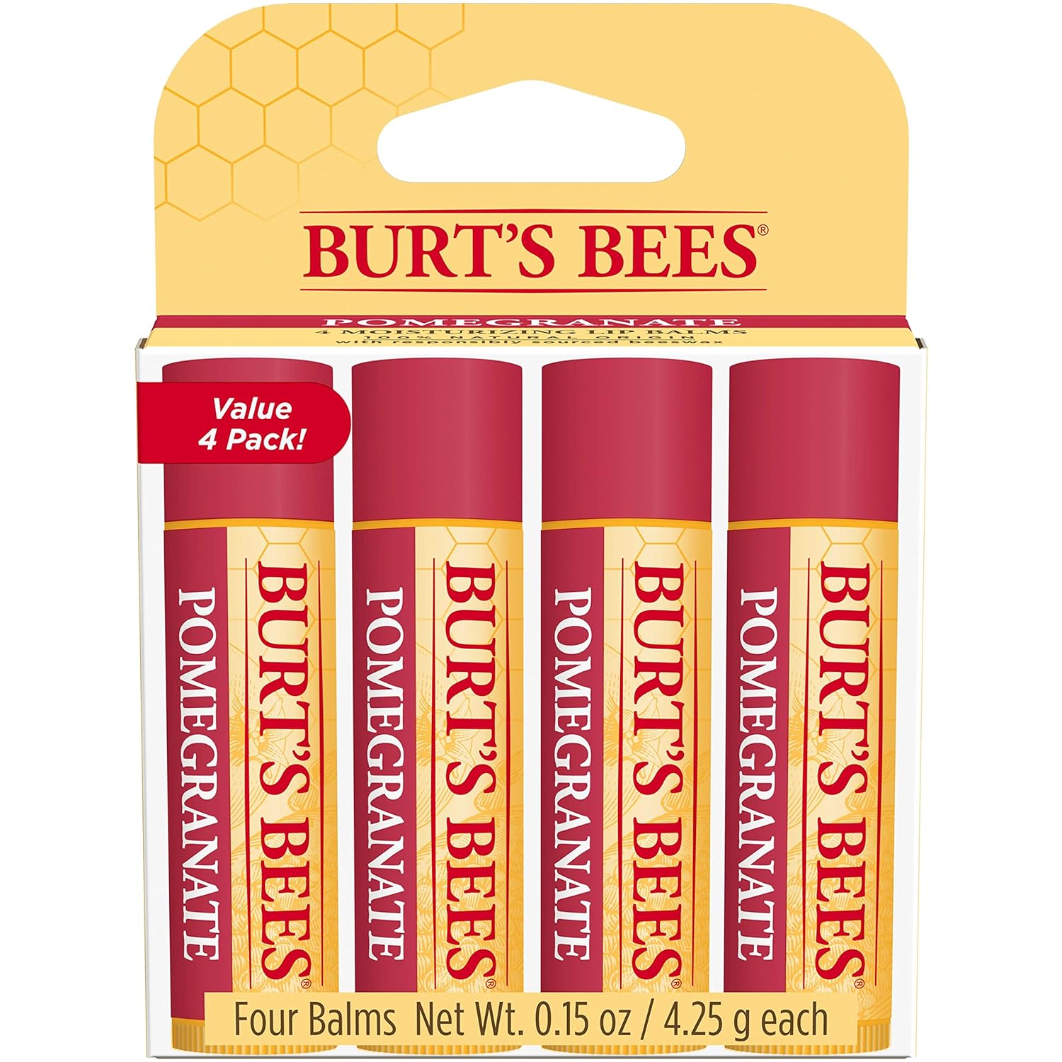 Burt's Bees Lip Balm, Moisturizing Lip Care, for All Day Hydration, 100% Natural, Pomegranate with Beeswax & Fruit Extracts (4 Pack)