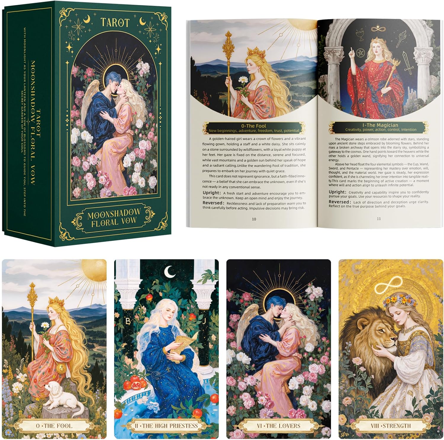 Moonshadow Floral Vow Tarot Cards with Guide Book for Beginners Original Unique Pretty Tarot Oracle, Gold Foil Tarot Cards with Guide Book Set&Gift Box for Beginner& Expert