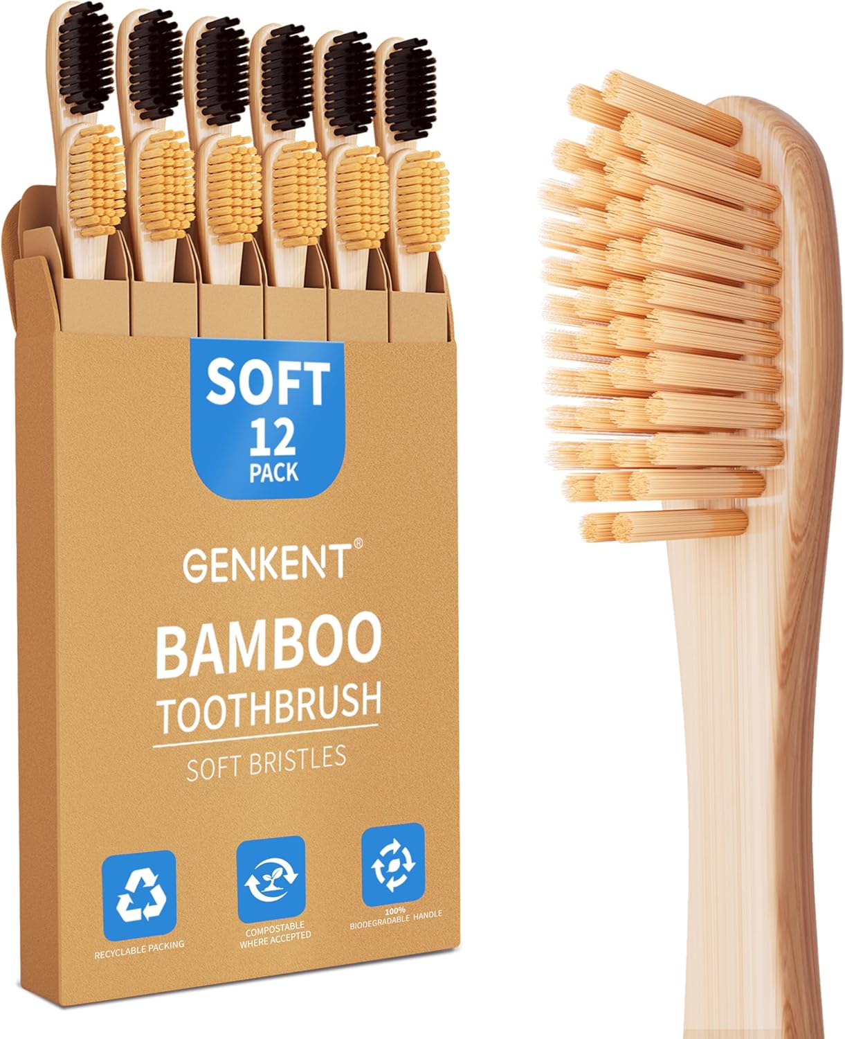 GENKENT Bamboo Toothbrushes 12 Pack BPA Free Soft Bristles Toothbrush | Natural Toothbrushes Eco Friendly Charcoal Toothbrush for Travel