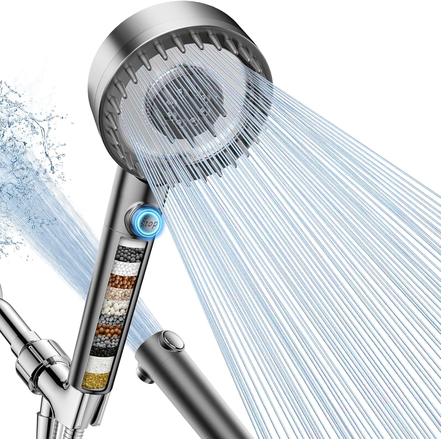 Filtered Shower Head with Handheld, High Pressure 4 Spray Mode Showerhead with Filters, Water Softener Filter Beads for Hard Water with ON/OFF Switch for Pets - Remove Chlorine (Gray)