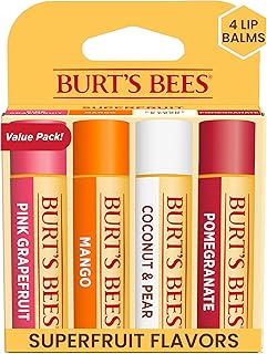 Burt's Bees Lip Balm Valentines Day Gifts, Pink Grapefruit, Mango, Coconut and Pear, and Pomegranate Pack, Lip Moisturizer With Responsibly Sourced Beeswax, Tint-Free, Natural Conditioning Lip Treatment, 4 Tubes, 0.15 oz.