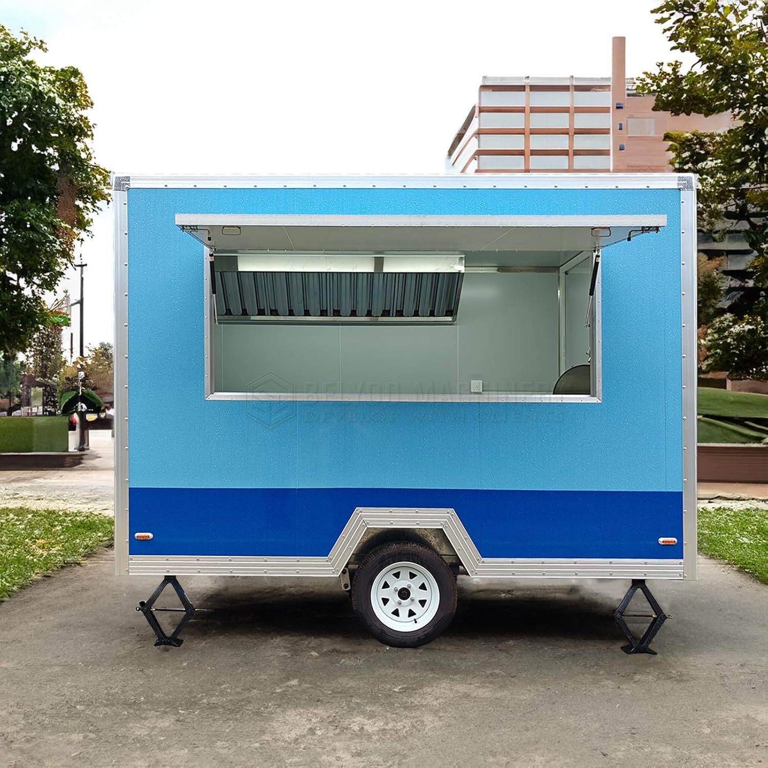 10FT DDP Food Trailer Blue Concession Trailers for Sale BBQ Fast Food Hot Dog Cart for Commercial Use Enclosed Food Truck Trailer with Range Hood for Food Trailers