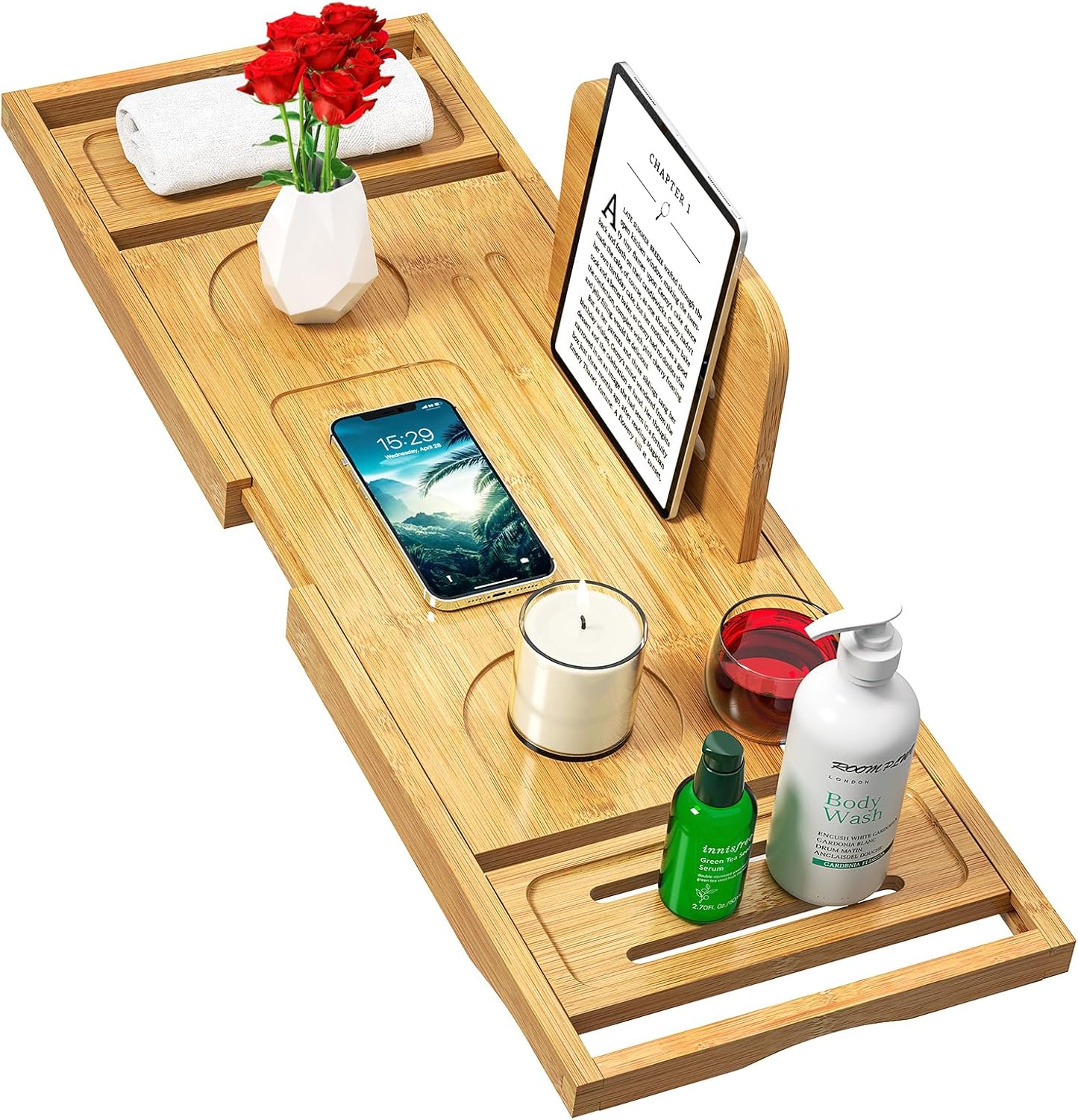 Bathtub Tray Caddy - Bath Tray - Bath Tub Tray Caddy - Bamboo Bath Tray for Tub - Expandable Size, Fits Most Tubs