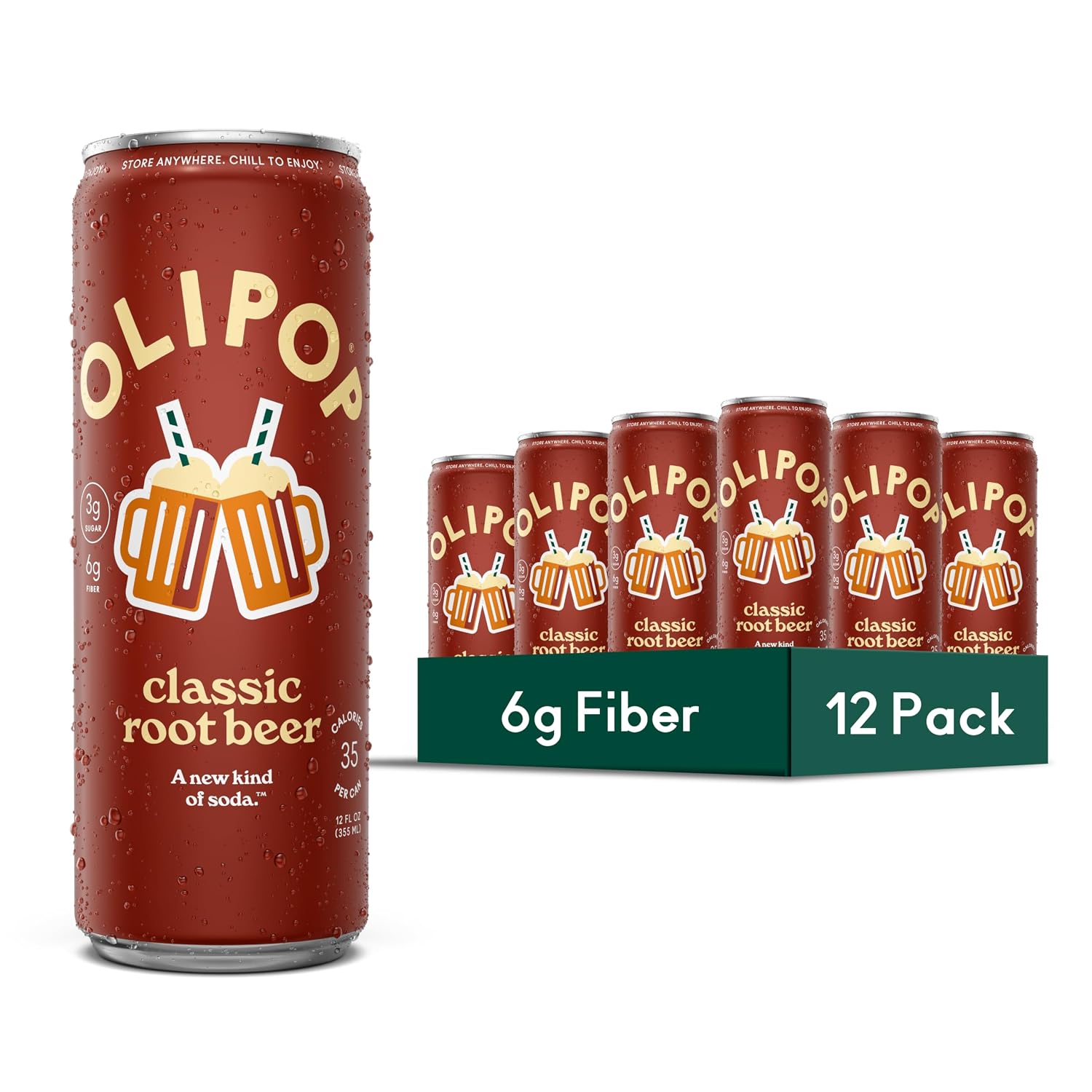 OLIPOP 6g Fiber Prebiotic Soda, Classic Root Beer, 12 fl oz, 12Pack Skinny