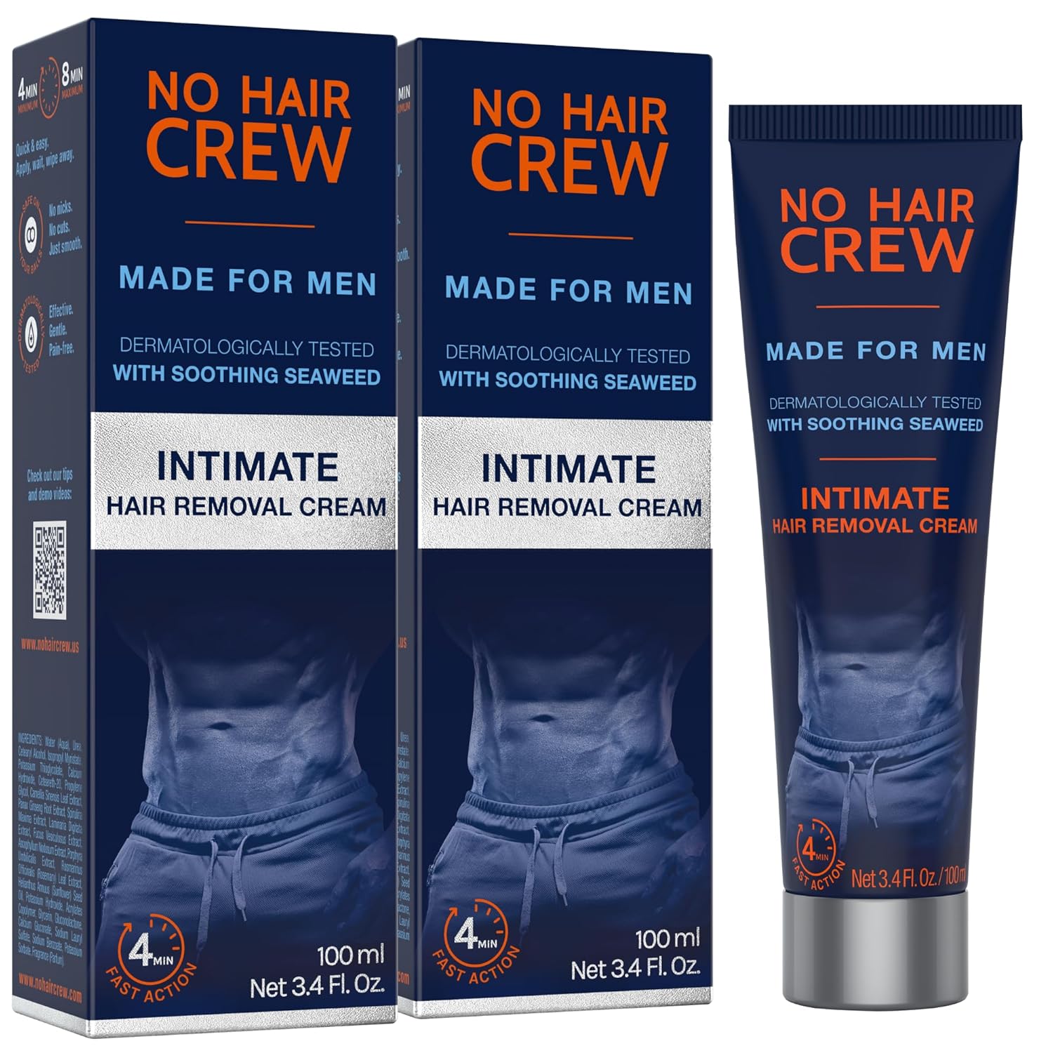 No Hair Crew Intimate/Private At Home Hair Removal Cream for Men - Painless, Flawless, Soothing Depilatory for Manscaping Unwanted Coarse Male Body Hair, 100ml (2 Pack)