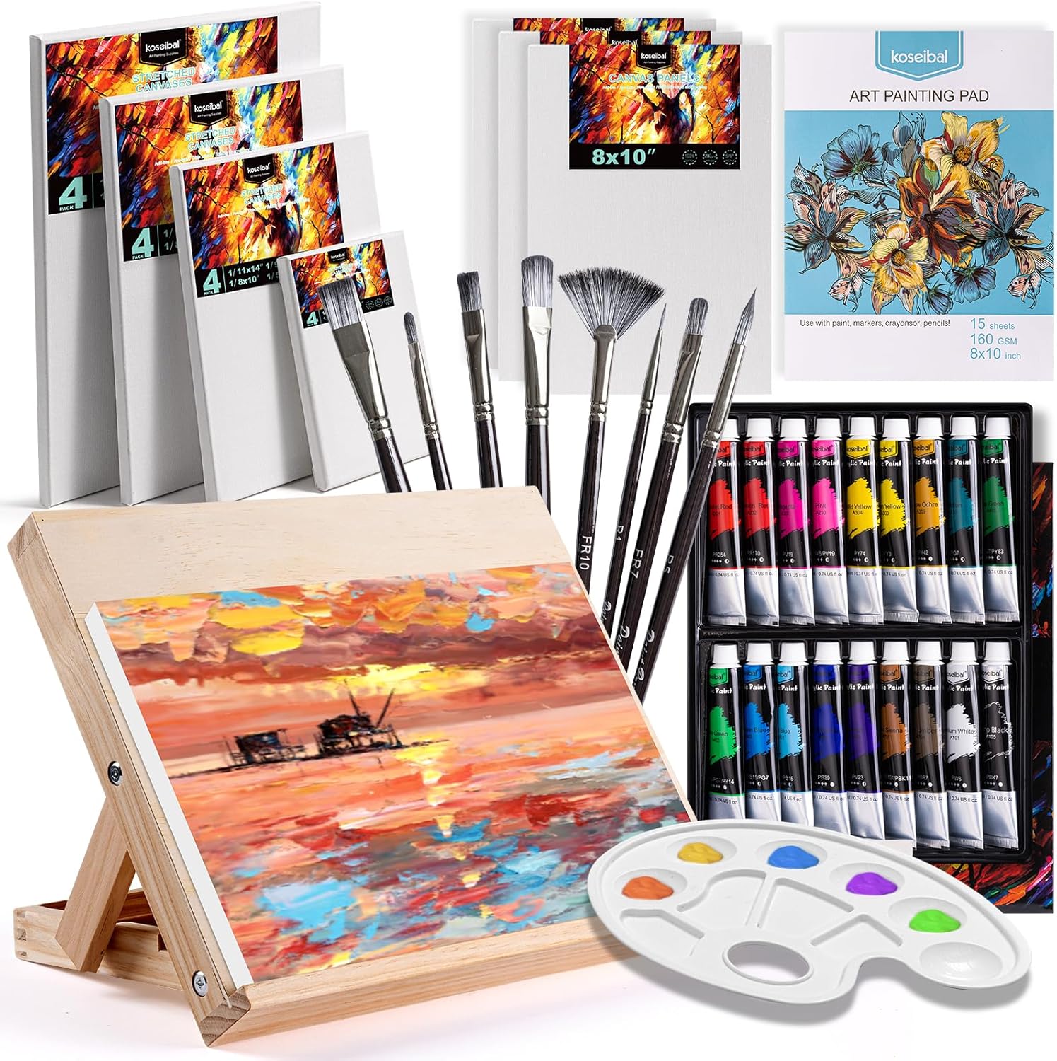 koseibal Acrylic Art Set with 18 Acrylic Paints, 8 Brushes, 4 Stretched Canvas, 1Wooden Easel, Etc, Premium Painting Supplies Kit for Students, Artists Kids, Adults, and Beginner
