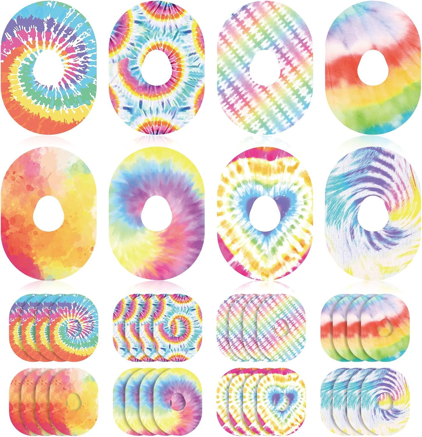 Geiserailie 32 Pack Adhesive Patches Compatible with Dexcom G7, Cgm Patches Tie Dye Colorful Adhesive Tape Stickers Sensor Covers Waterproof Sweat Proof Flexible Breathable Pre-Cut