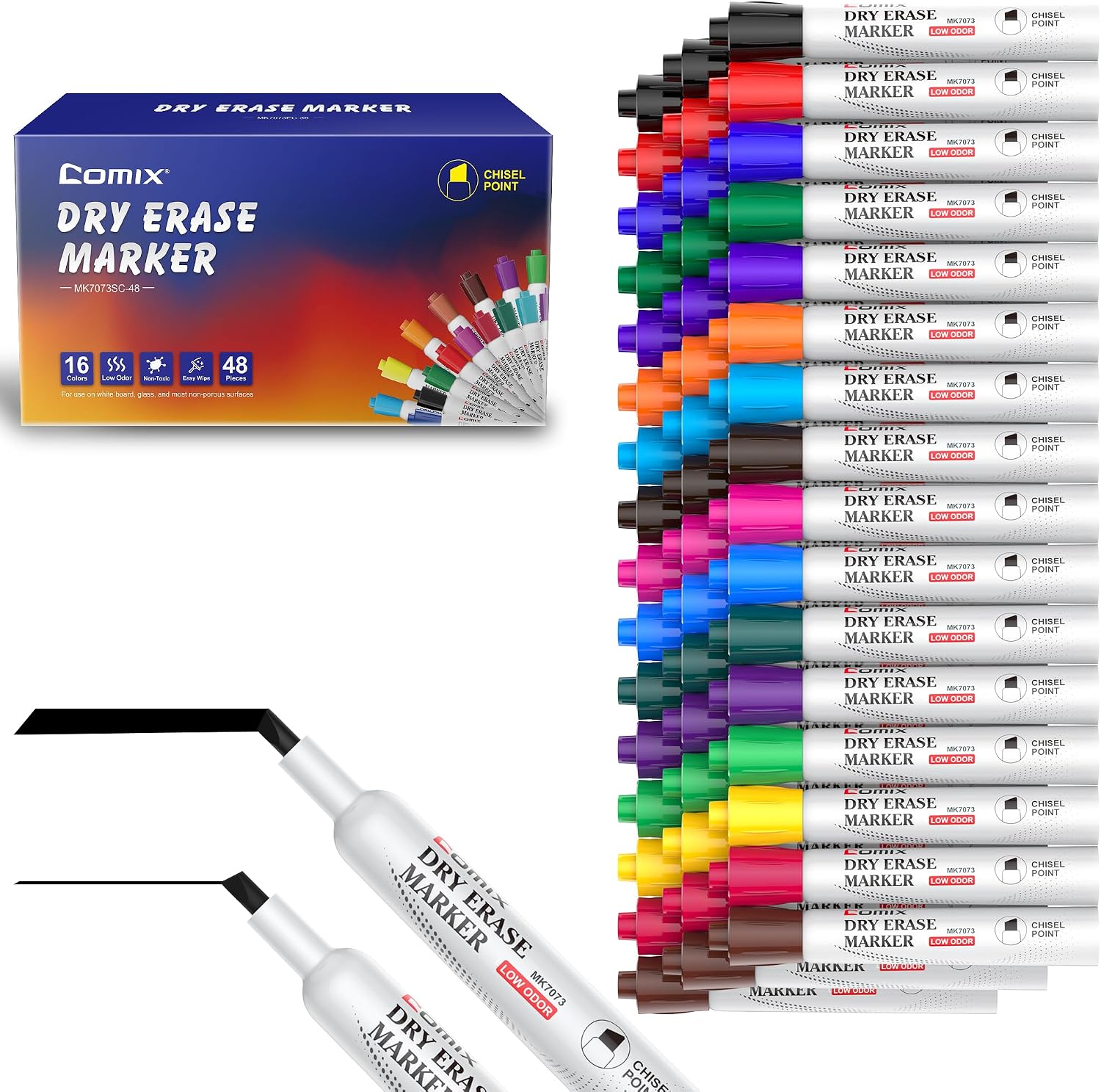 Comix Dry Erase Markers, Chisel Tip Whiteboard Markers, 48 Count 16 Colors