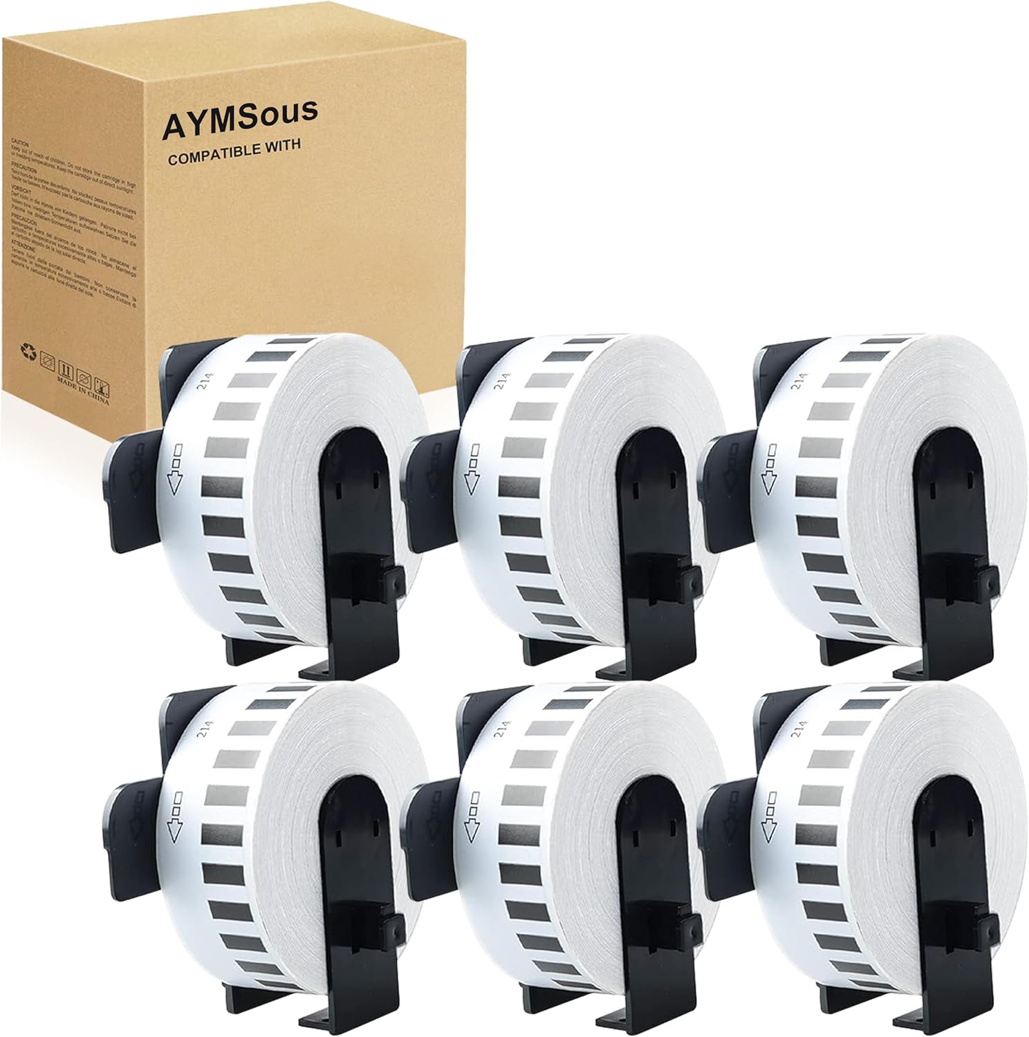 Compatible 6 Pack DK-2214 Continuous White Label Paper (0.47" x 100'/ (12mm x 30.48m) with 6 Refillable Cartridge Replacement for Brother DK-2214 for QL-700 QL570 QL710W QL800 QL810W QL1060N