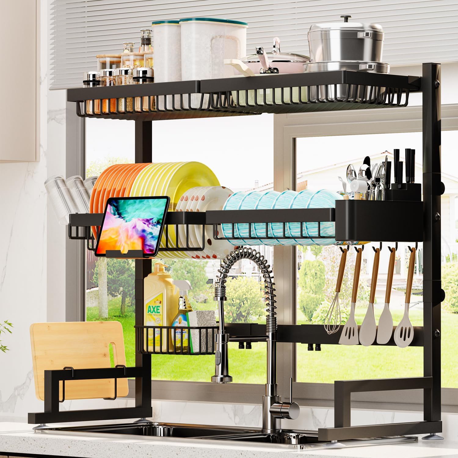 ADBIU Over The Sink Dish Drying Rack (Expandable Height and Length) Snap-On Design 2 Tier Large Dish Rack (27-36L x 12W x 32.5-37H (inches))
