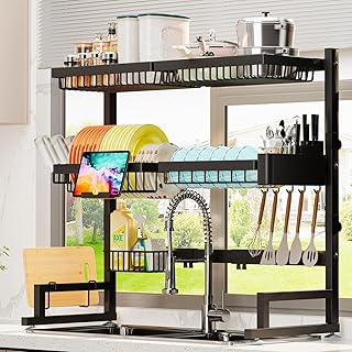 ADBIU Over The Sink Dish Drying Rack (Expandable Height and Length) Snap-On Design 2 Tier Large Dish Rack (27-36L x 12W x 32.5-37H (inches))