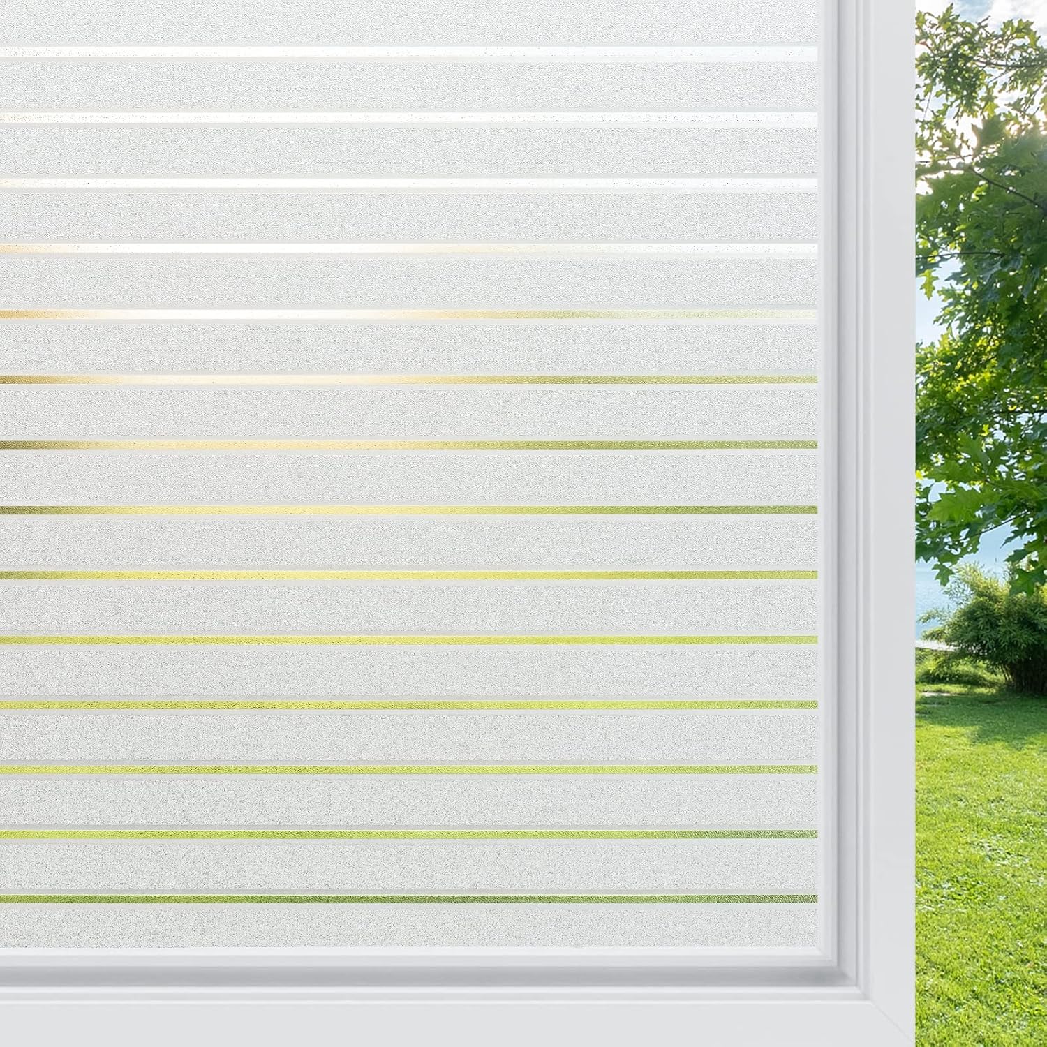 rabbitgoo Window Film Privacy Film for Glass Windows Static Cling 44.5 x 150 cm, Frosted Privacy Sticker No Glue Glass Coverings Opaque UV Protection White Stripe for Office Living Room Kitchen
