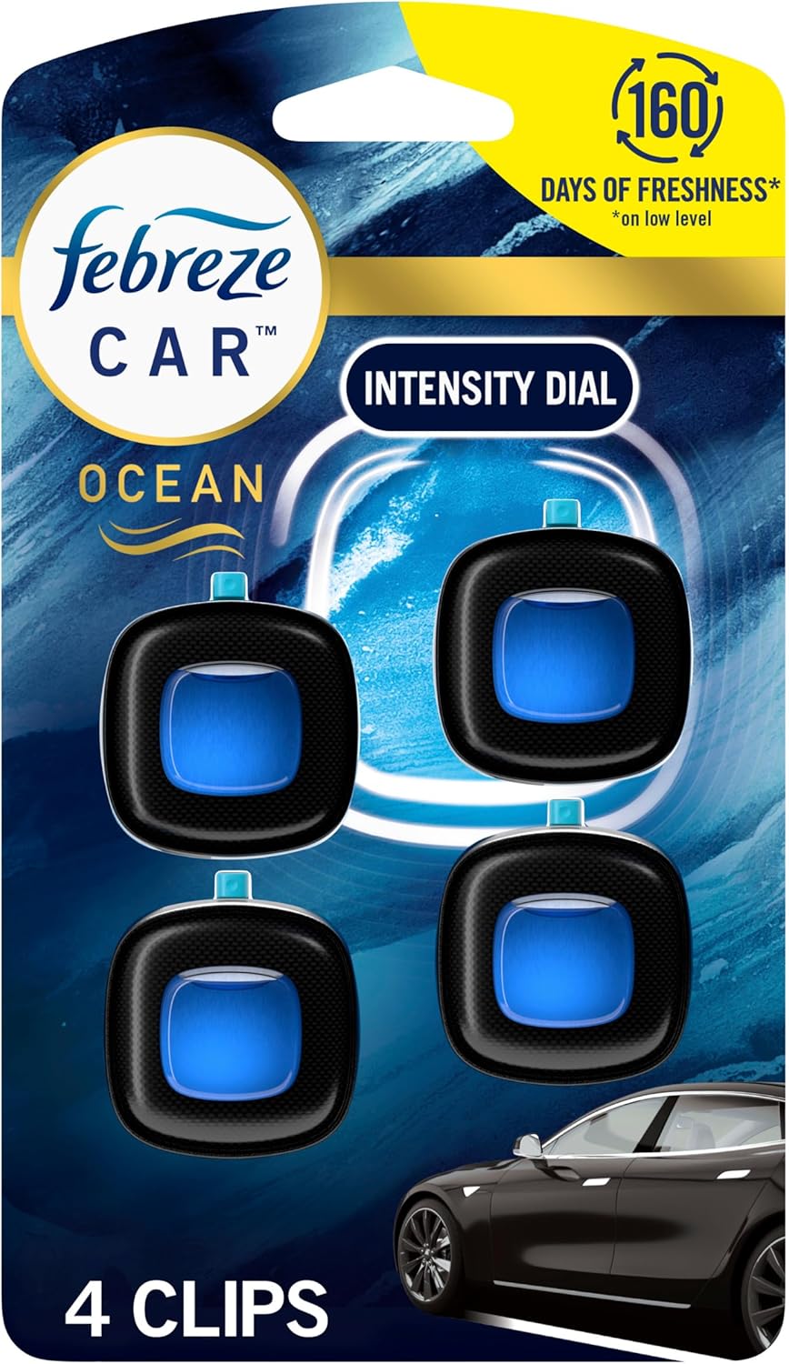 Febreze Car Ocean Scent Air Freshener Vent Clip, .07 oz. Car Vent Clip, Pack of 4