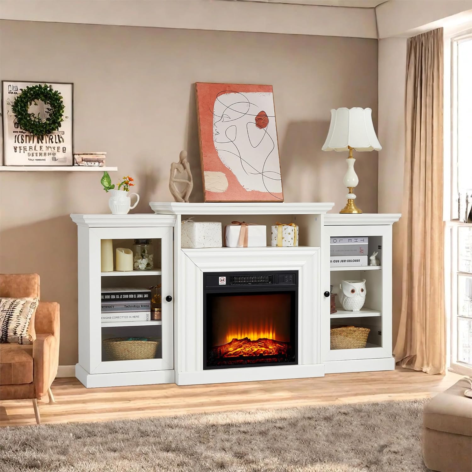 63 Inch Fireplace TV Stand, Electric Fireplace with Mantel, Fire Place with Realistic 3D Fire Effects and 3 Adjustable Light Levels, Storage Space＆Remote Control, White