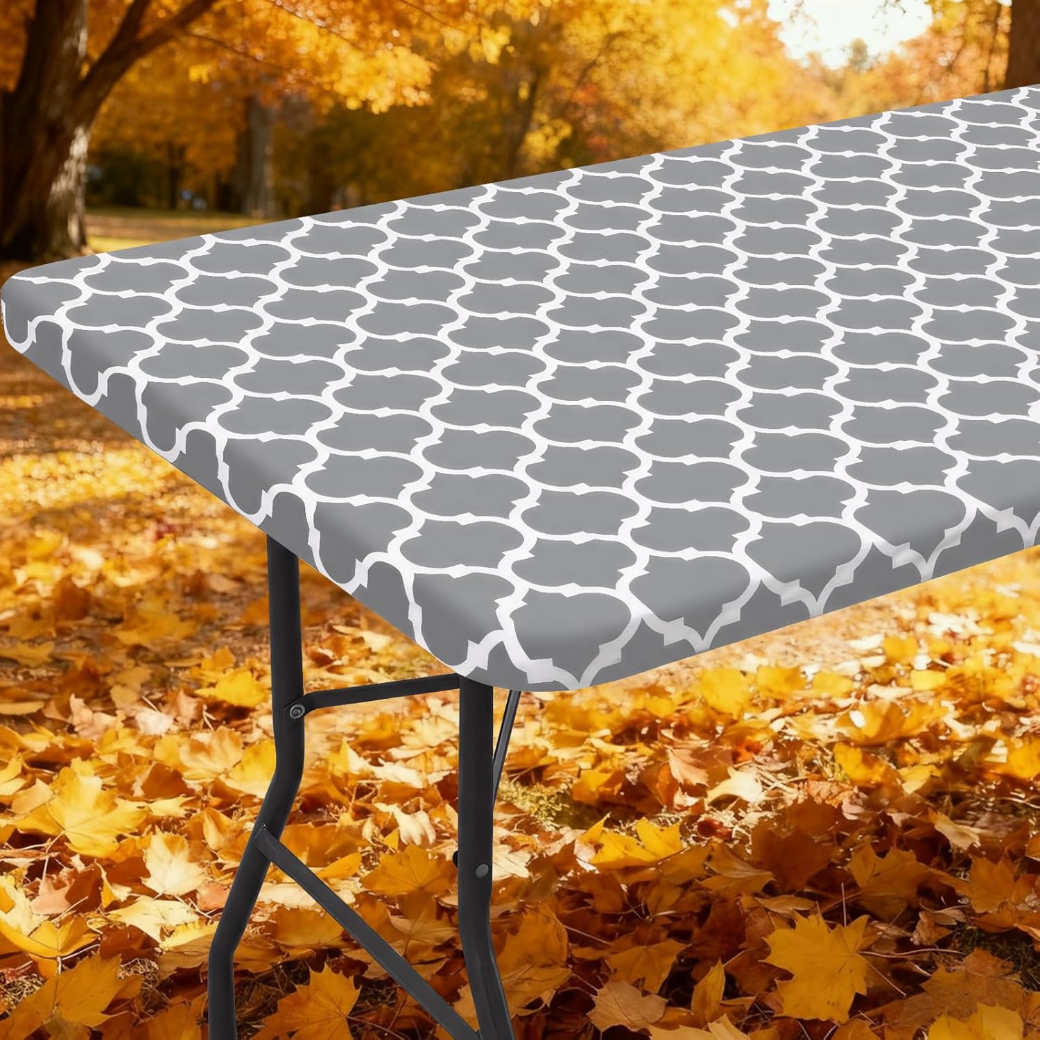 Smiry Rectangle Picnic Table Cover, Waterproof Elastic Fitted Camping Tablecloths for 6 Foot Tables, Wipeable Flannel Backed Vinyl Tablecloth Protector for Indoor, Outdoor (Grey, 30x72 Inches)